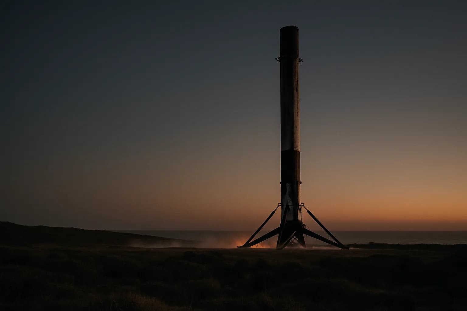 A Falcon 9 booster stands upright on its landing legs at dusk after a return to Vandenberg Space Force Base, its exhaust plume fading over the coastal scrubland