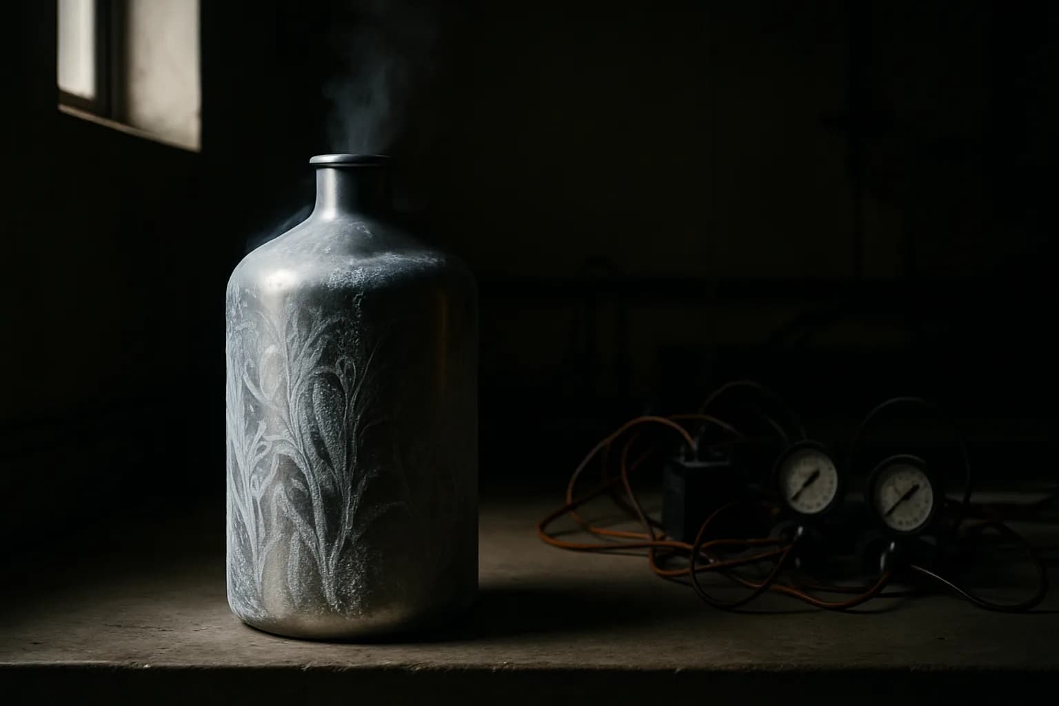 Frost-covered stainless cryogenic dewar on a concrete lab bench, vapor rising from the neck, dark gauges and copper leads in shadow beside it