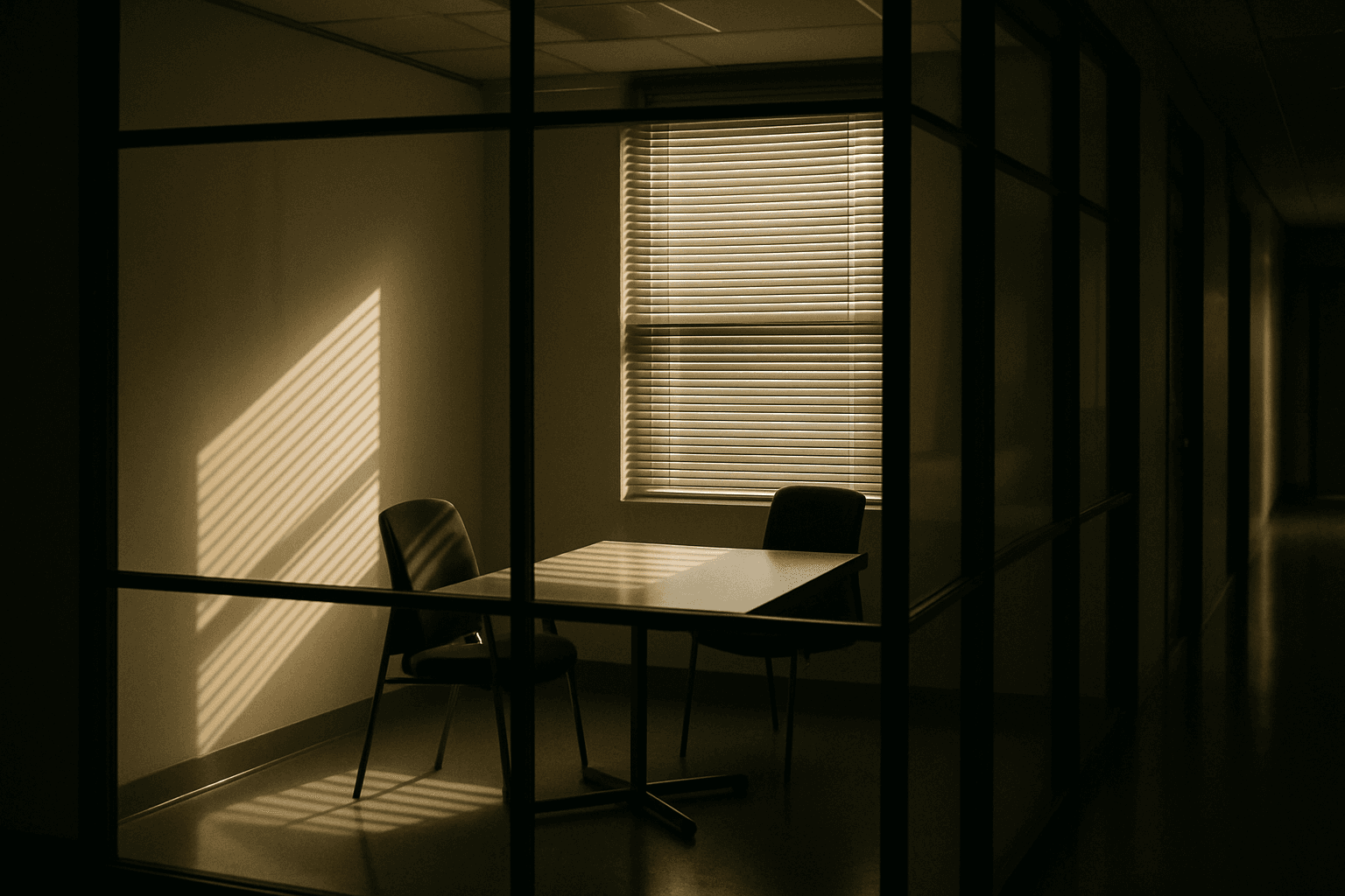 Empty glass-walled conference room with two chairs at a bare table, one side unoccupied, afternoon light casting shadow stripes across the frame