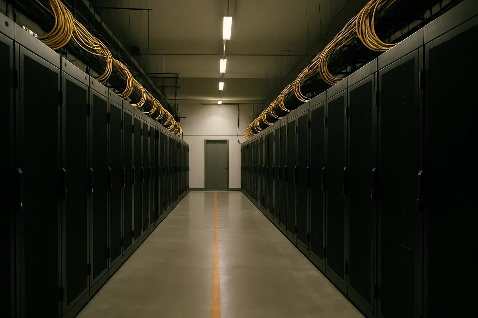 Industrial data center corridor with rows of server racks receding under cool overhead lighting, cables bundled along the ceiling