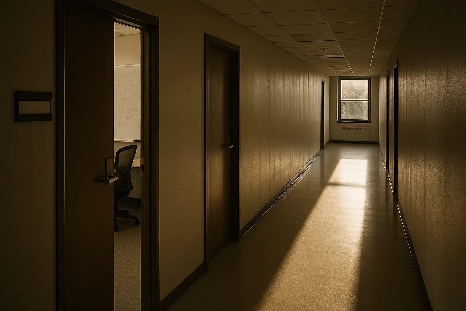 A research lab hallway with one office door open and lit, one closed, daylight casting a long shadow from a window at the far end