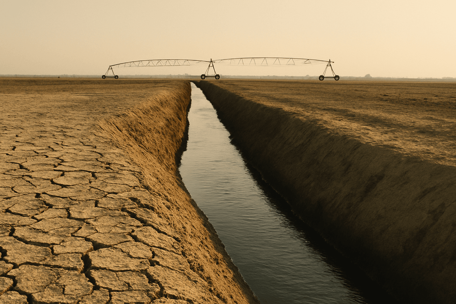 An irrigation canal running through dry, cracked farmland on the Eastern Snake River Plain of southern Idaho