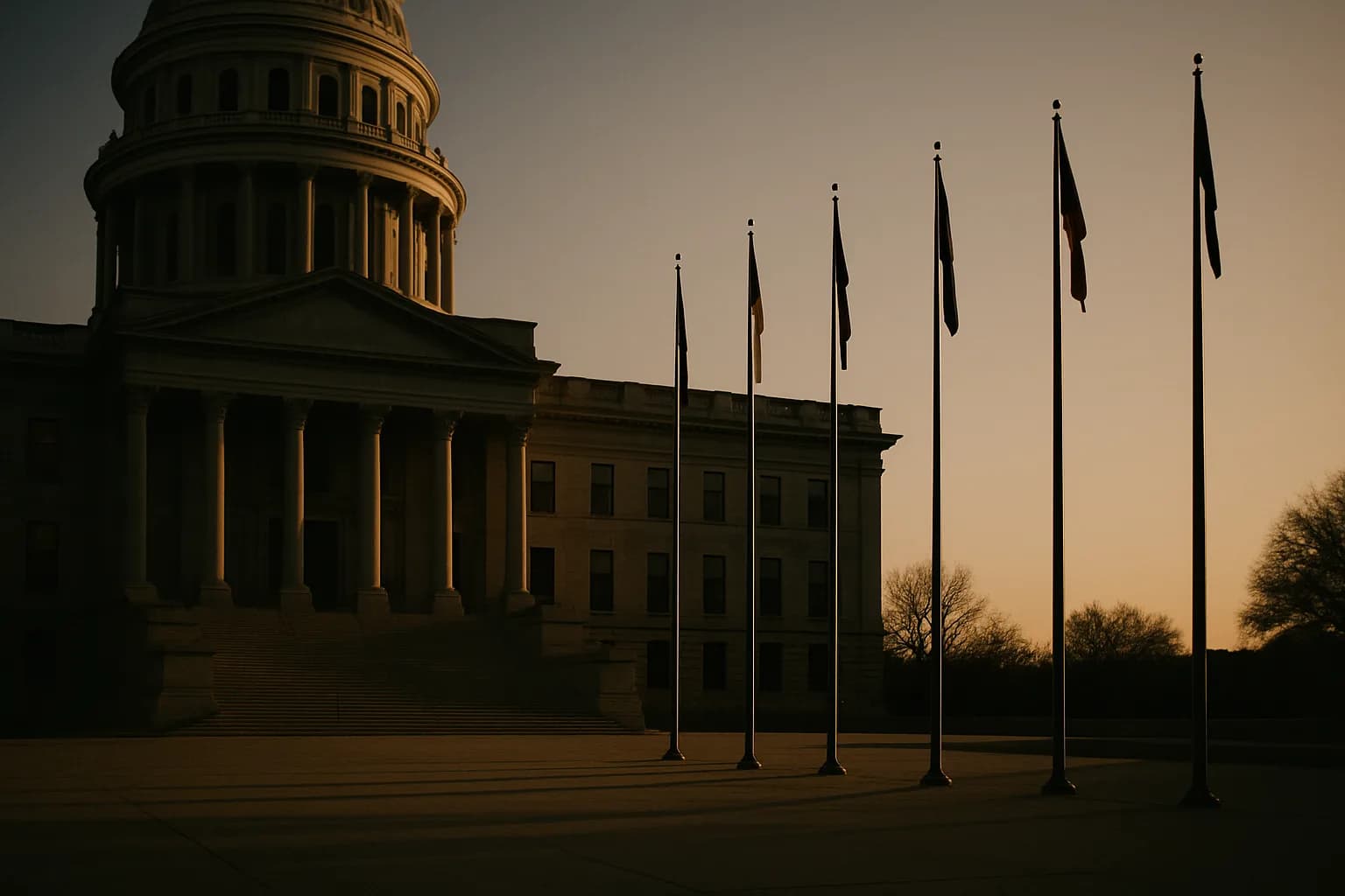State capitol steps at dusk, empty and still, shadows falling across stone