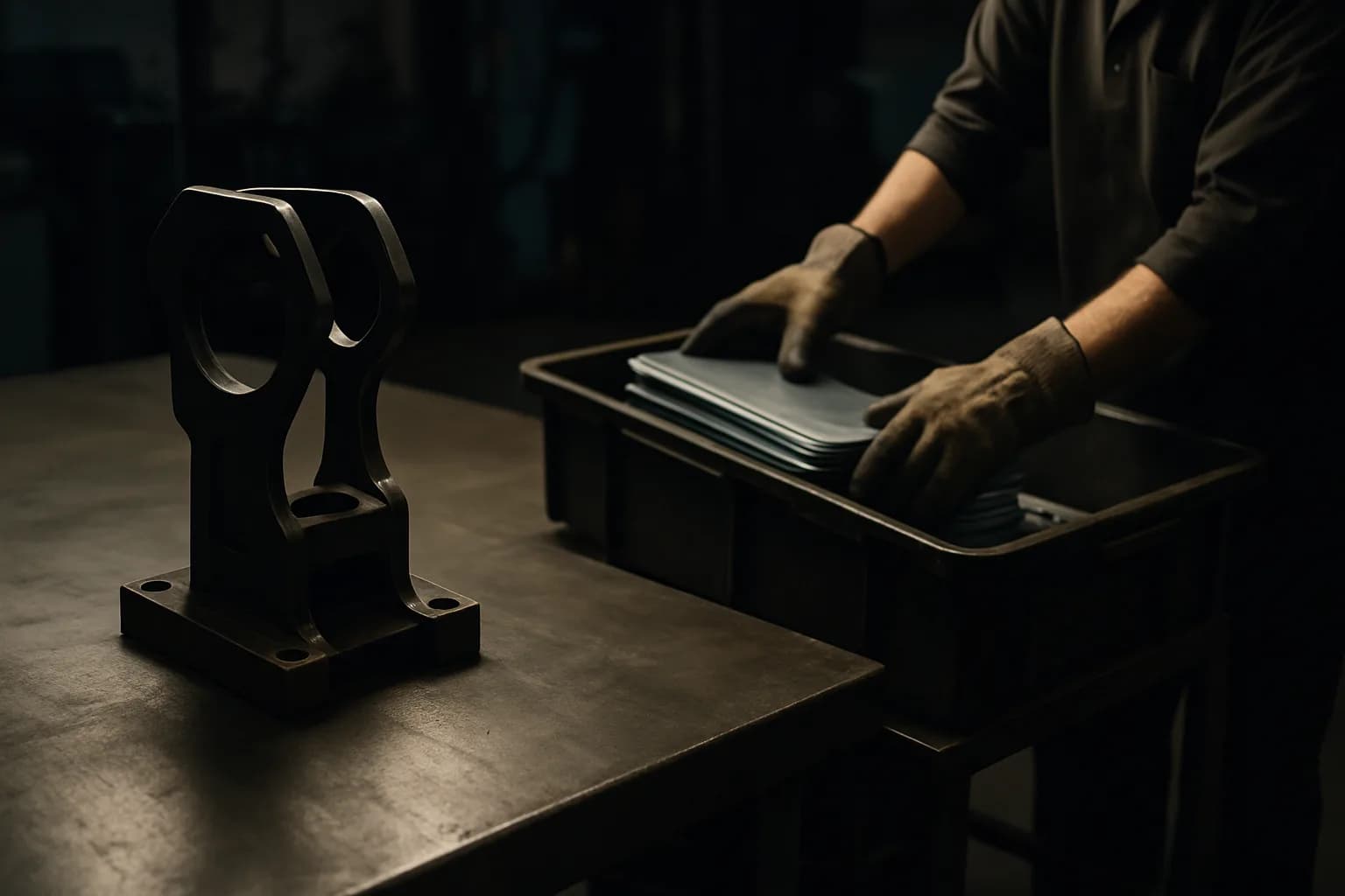 Empty robot mounting bracket on a BMW Spartanburg body-shop workstation, gloved worker's hands reaching toward sheet-metal blanks under cold fluorescent light
