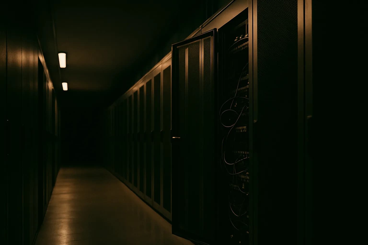 Open server rack in a dimly lit data center corridor