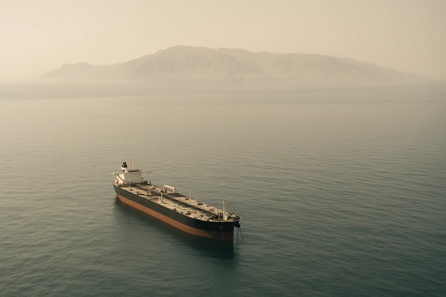 A VLCC supertanker anchored in isolation in the blue waters near the Strait of Hormuz entrance, a haze-softened coastline on the horizon