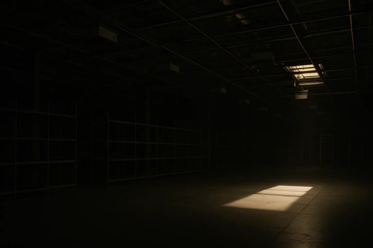 Empty automated warehouse interior with ceiling-mounted robot rail grid, idle bots at rest, shaft of natural light on bare concrete floor, no workers present