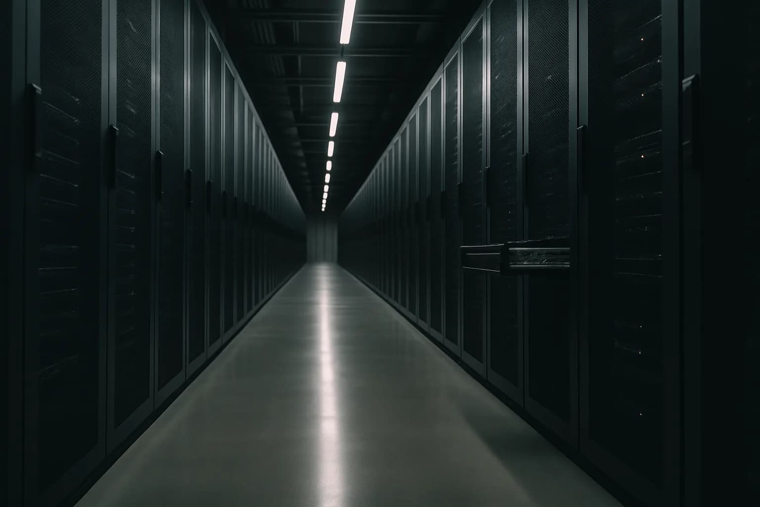 Long aisle of server racks in a large data center, lit from overhead, with one drawer open on a rack in the middle distance