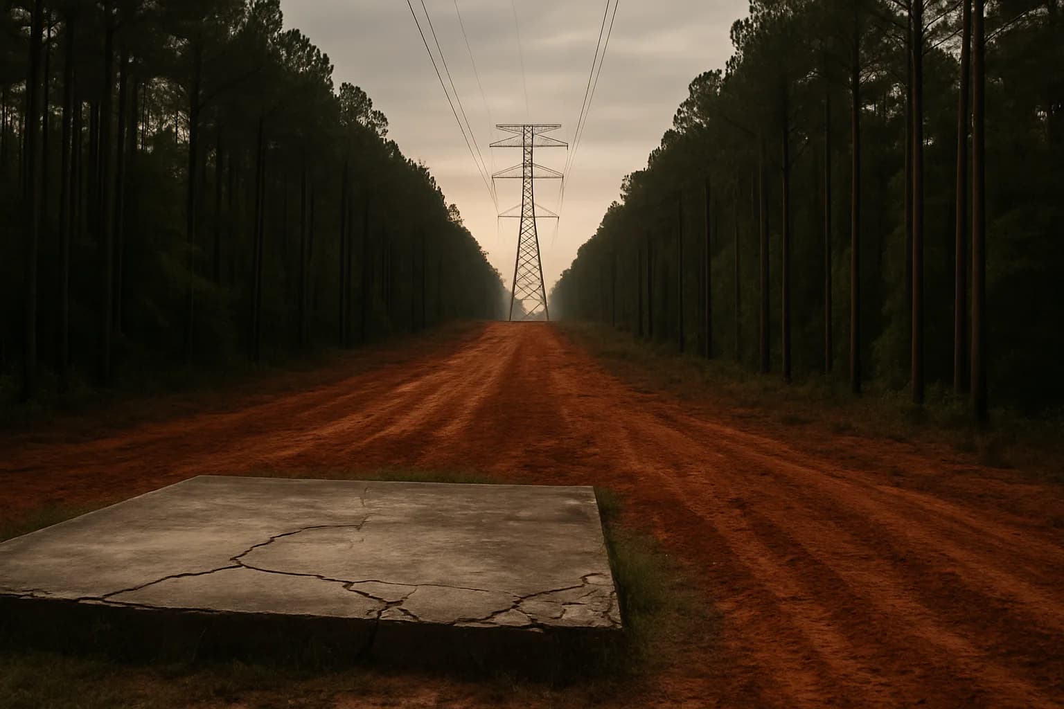 Cleared transmission easement through Georgia pine forest at dawn, with a demolished house foundation in the foreground and a steel transmission tower rising in the background