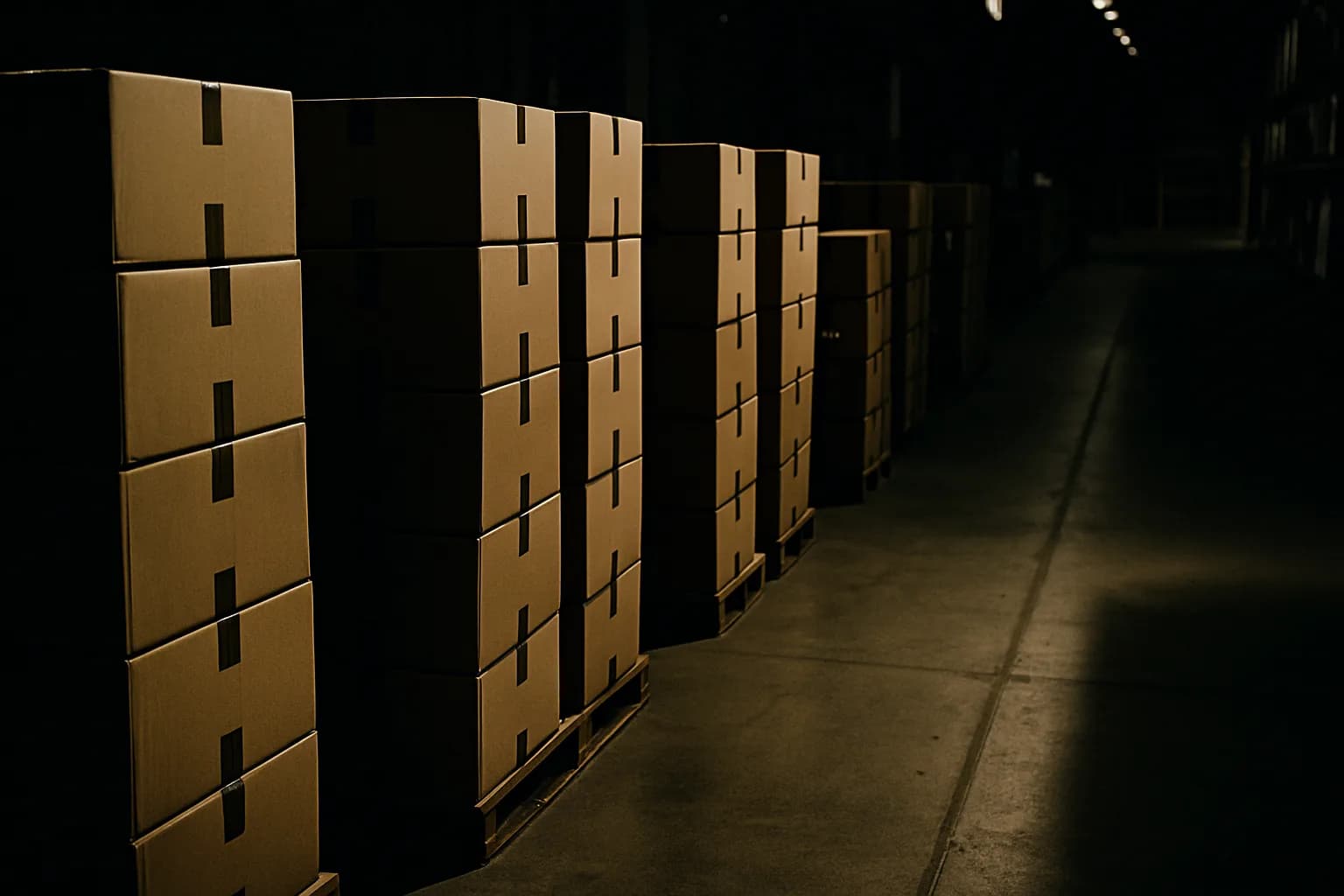 Sealed electronics boxes stacked on a warehouse floor under fluorescent lights, with an empty forklift aisle receding into darkness.