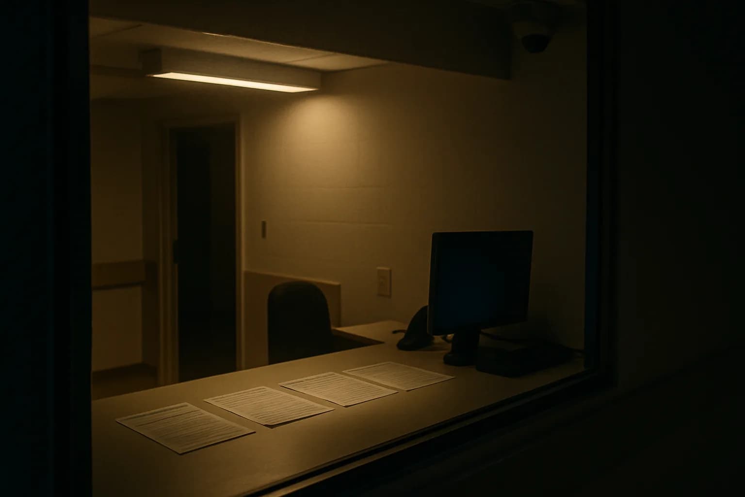 Empty medical clinic intake desk seen through glass partition at dusk, fluorescent light on blank forms, security camera bracket in upper corner.