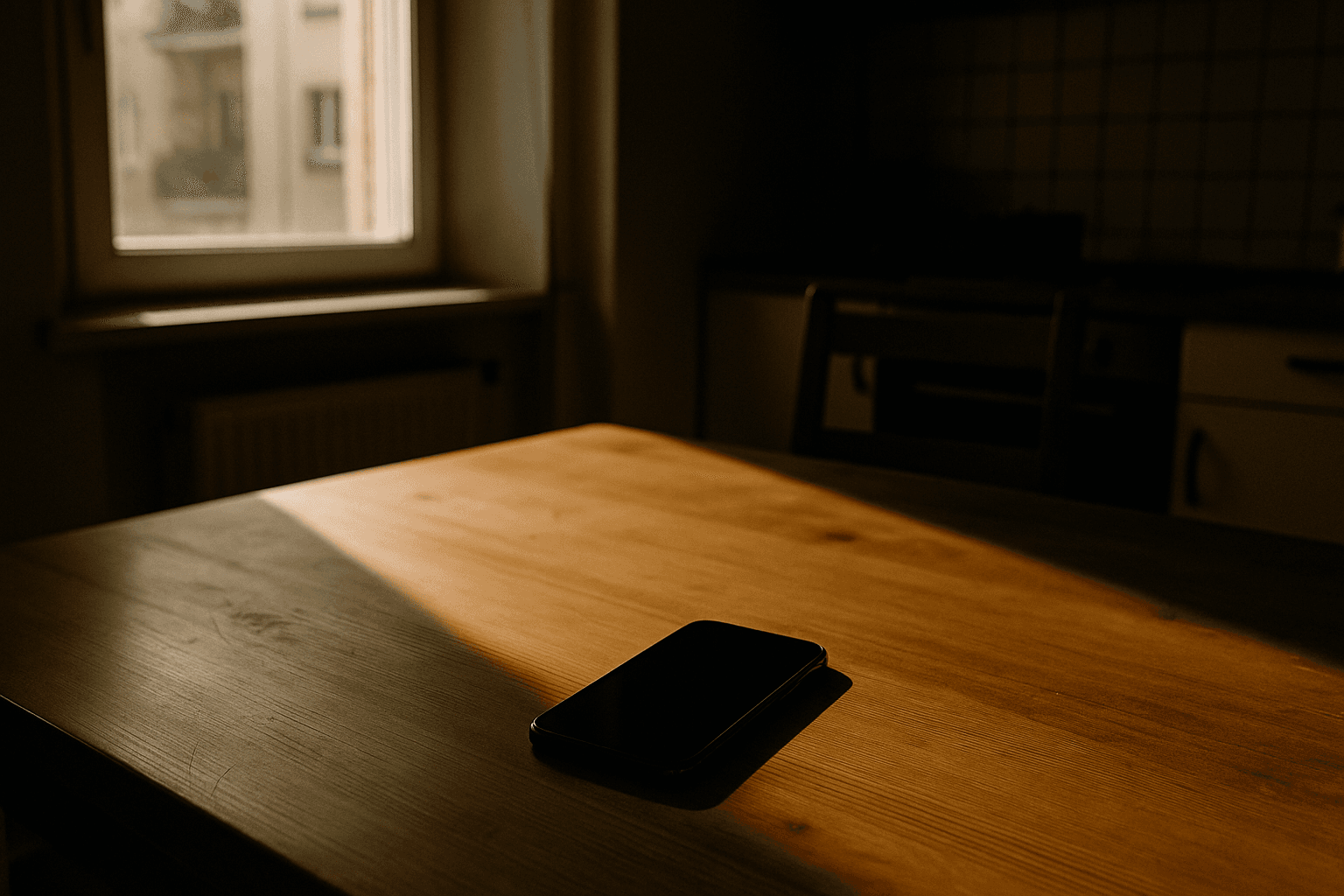 A dark-screened smartphone sitting untouched on a kitchen table in natural window light, no people visible.