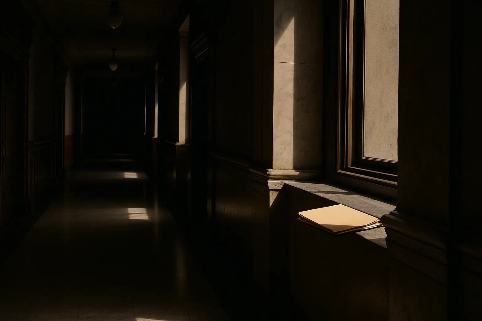 Empty federal courthouse hallway with closed doors and a single manila folder on a window ledge