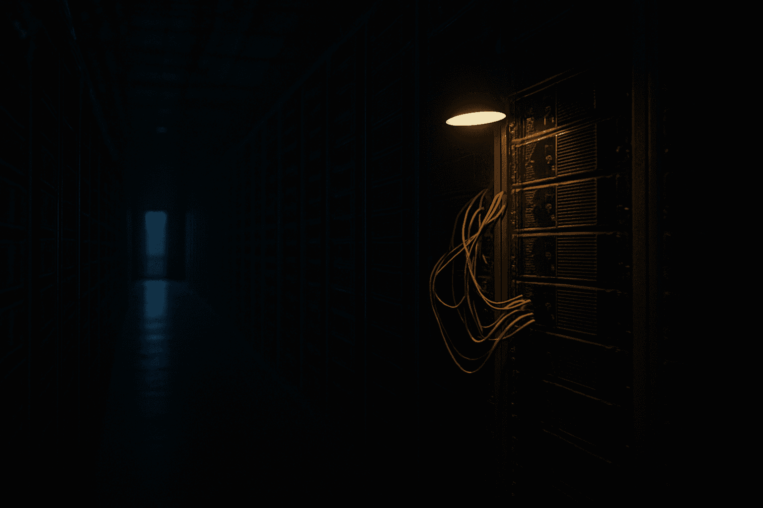 A dimly lit data center corridor with GPU racks receding into darkness, lit by a single overhead lamp