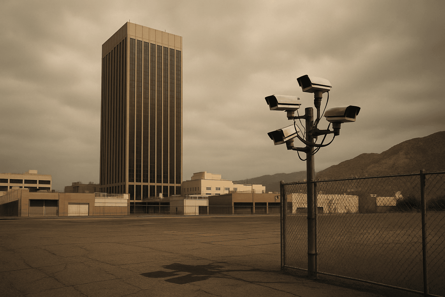 Surveillance cameras on a chain-link fence in front of a tall glass tower in a border city under overcast skies
