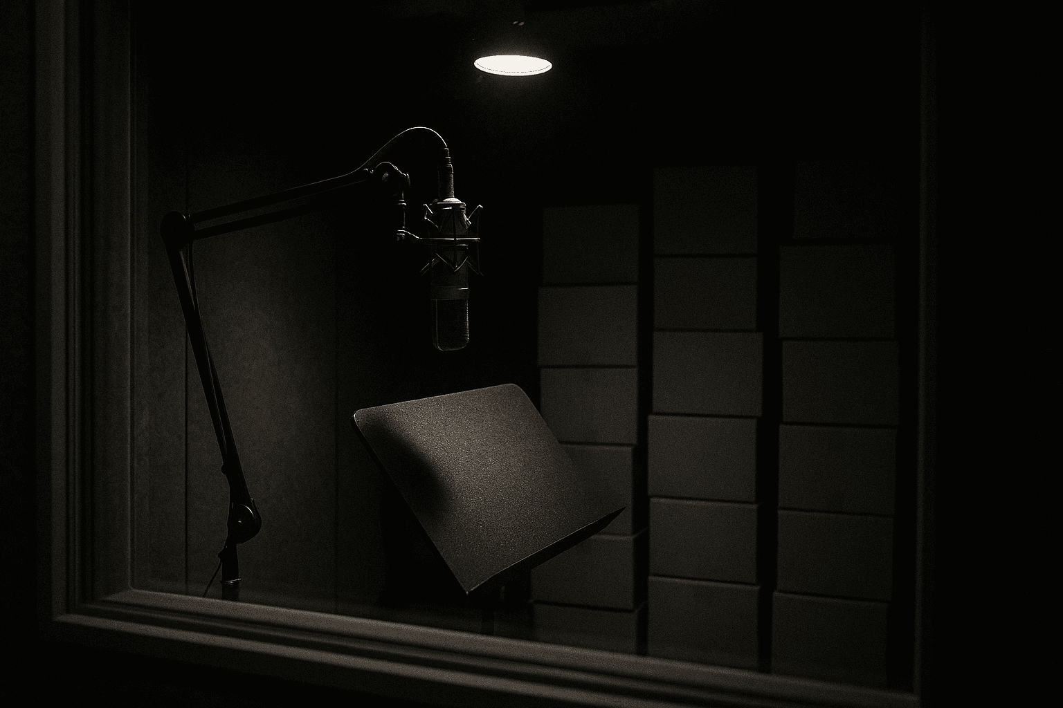 A condenser microphone in a dim recording booth, soft overhead light on the grille, unmarked storage boxes stacked in darkness behind it.