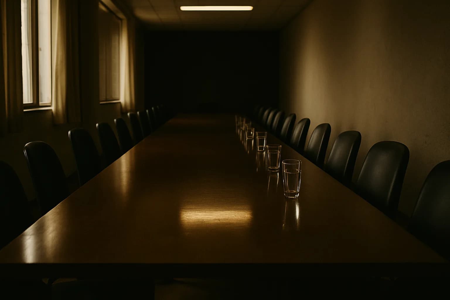 Empty institutional conference room with chairs set on one side, the other side bare, overhead light pooling on a polished table.