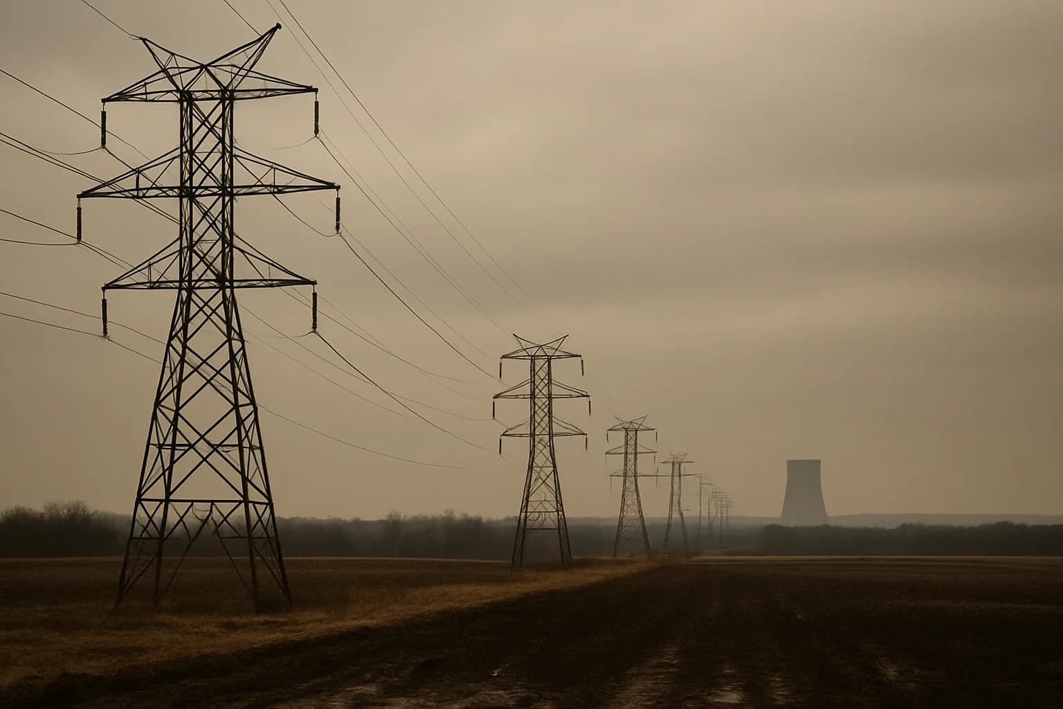 High-voltage transmission towers stretching toward a power plant cooling tower on the Pennsylvania horizon under a gray winter sky