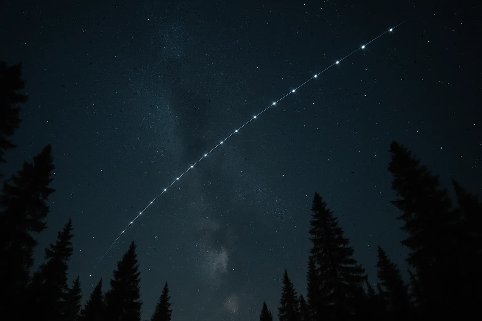 Long-exposure photograph of a satellite train arcing across a clear night sky above a pine forest silhouette