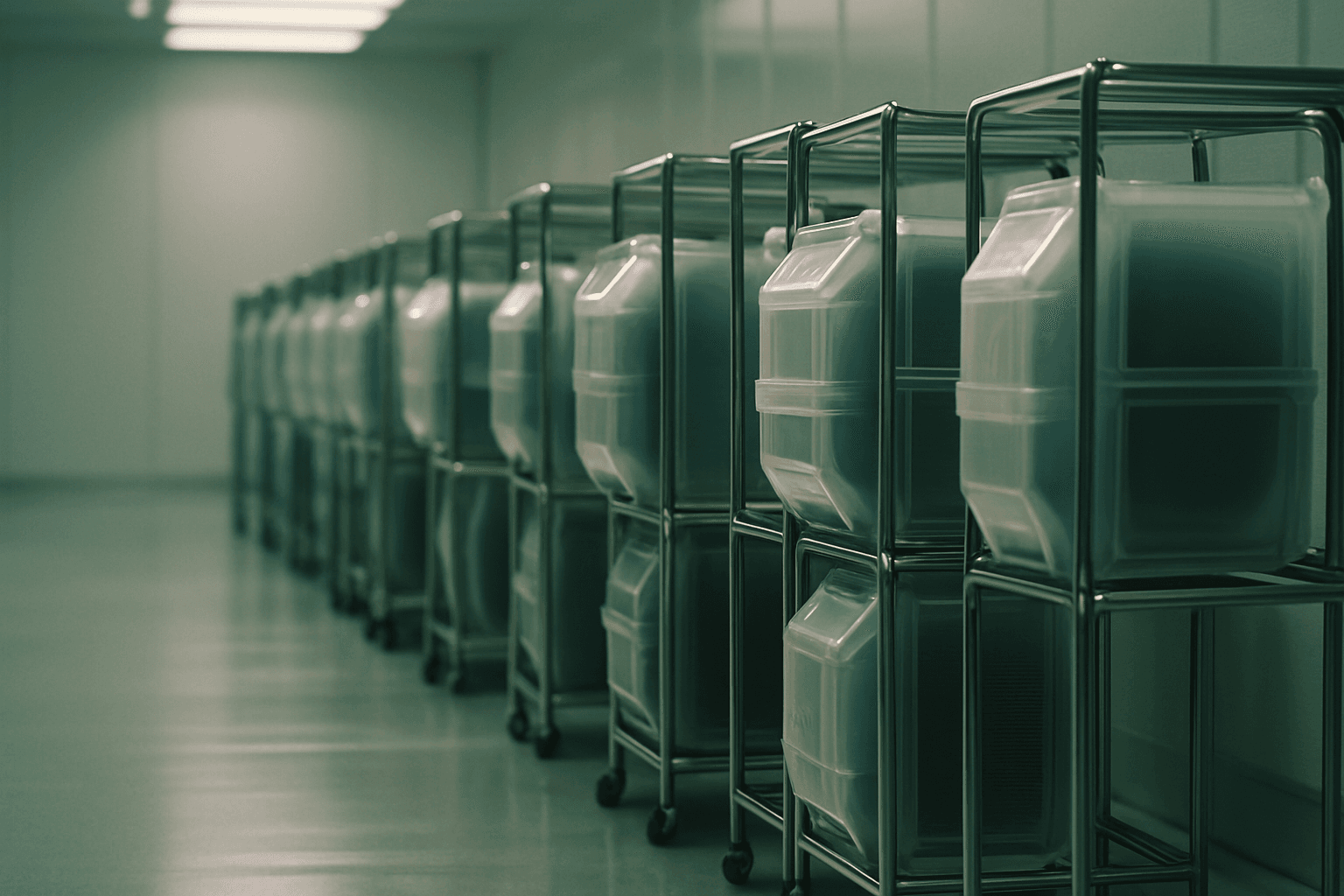 Rows of sealed wafer cassettes in a semiconductor clean room, empty of workers