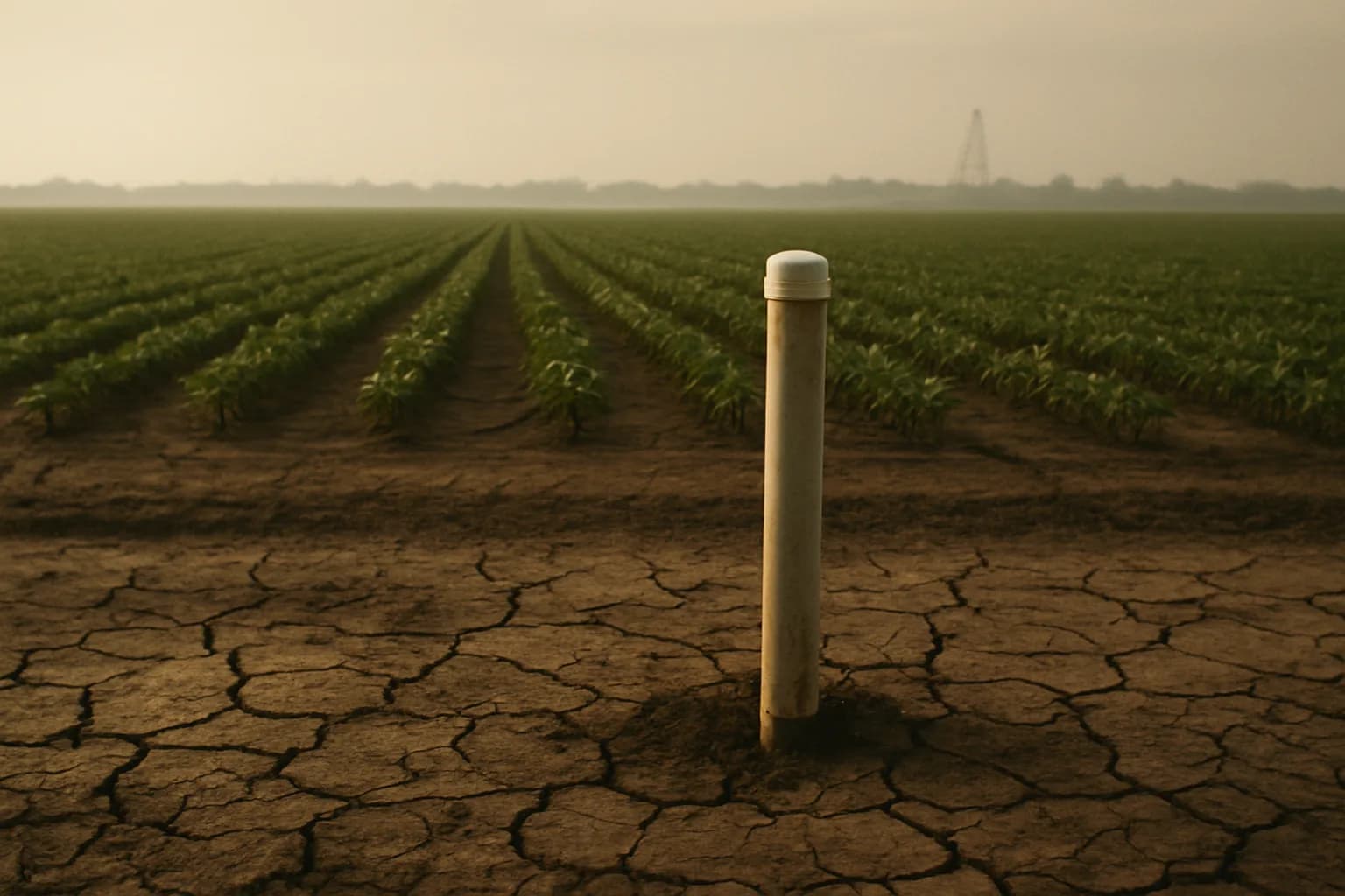 A groundwater monitoring pipe in a Louisiana soybean field, with distant construction equipment on the horizon.