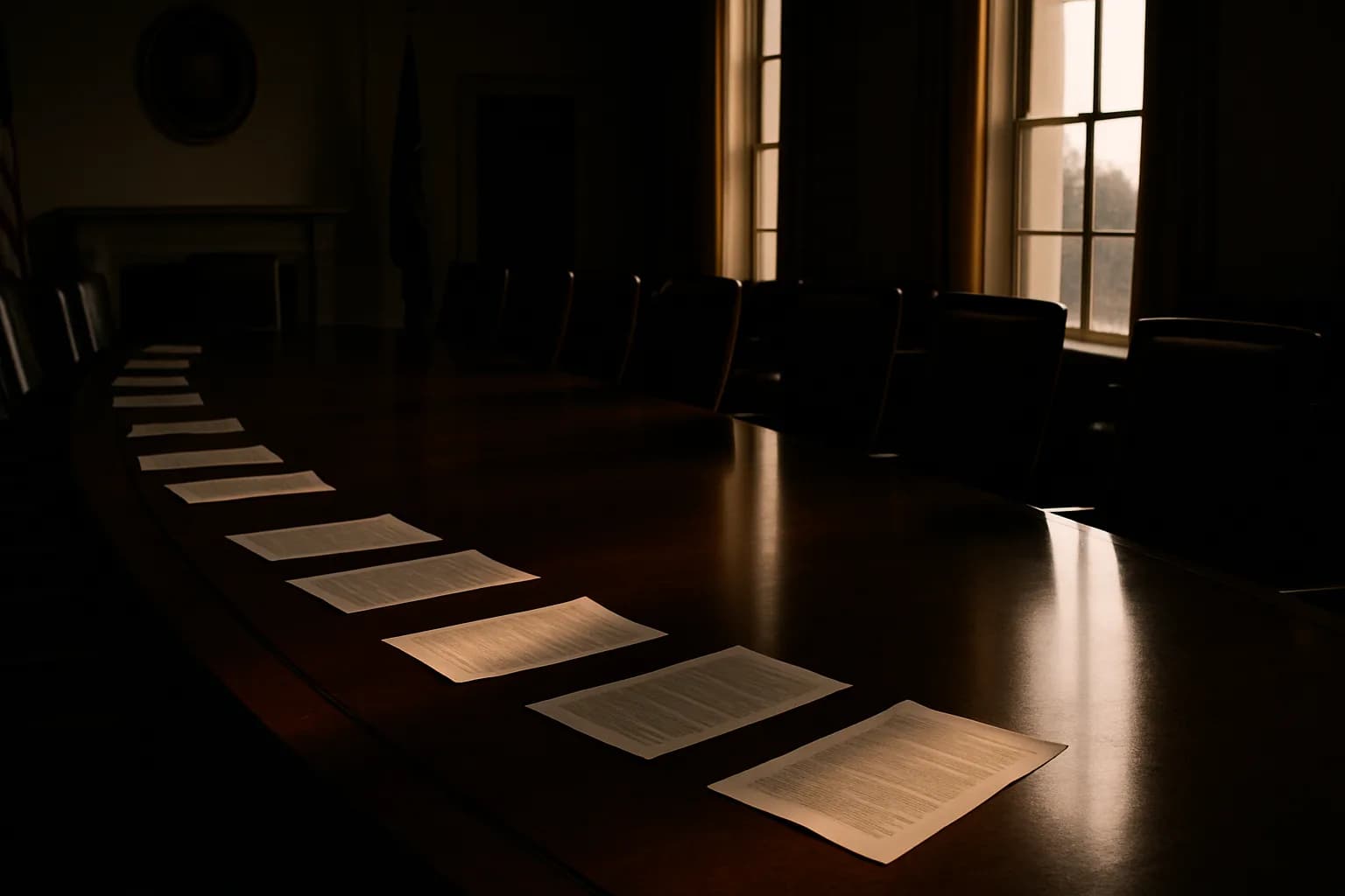 Empty Federal Reserve boardroom at dawn with documents spread across a long table and morning light through tall windows