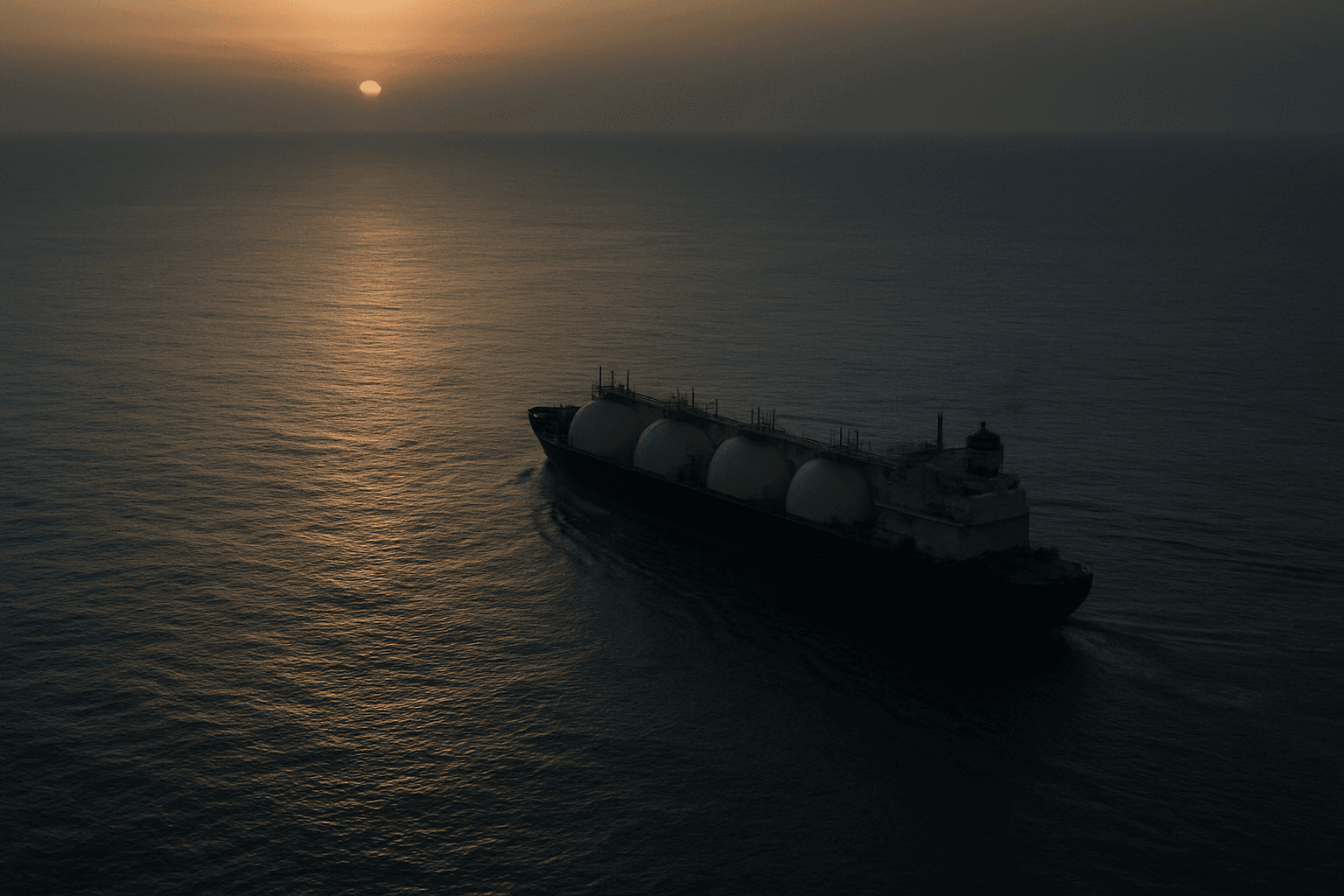 A lone LNG tanker moves through the Strait of Hormuz at dusk, surrounded by empty water and a distant rocky coastline