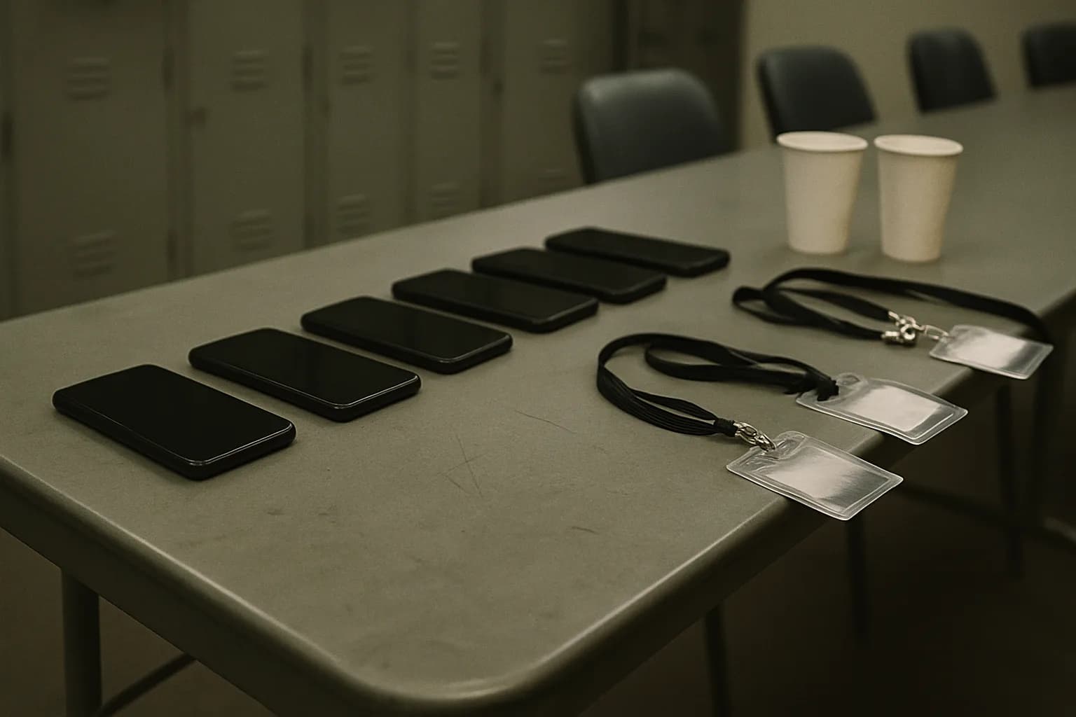 Black smartphones arranged face-up on a gray metal table in a government conference room, ID badge lanyards nearby, metal lockers blurred in the background.