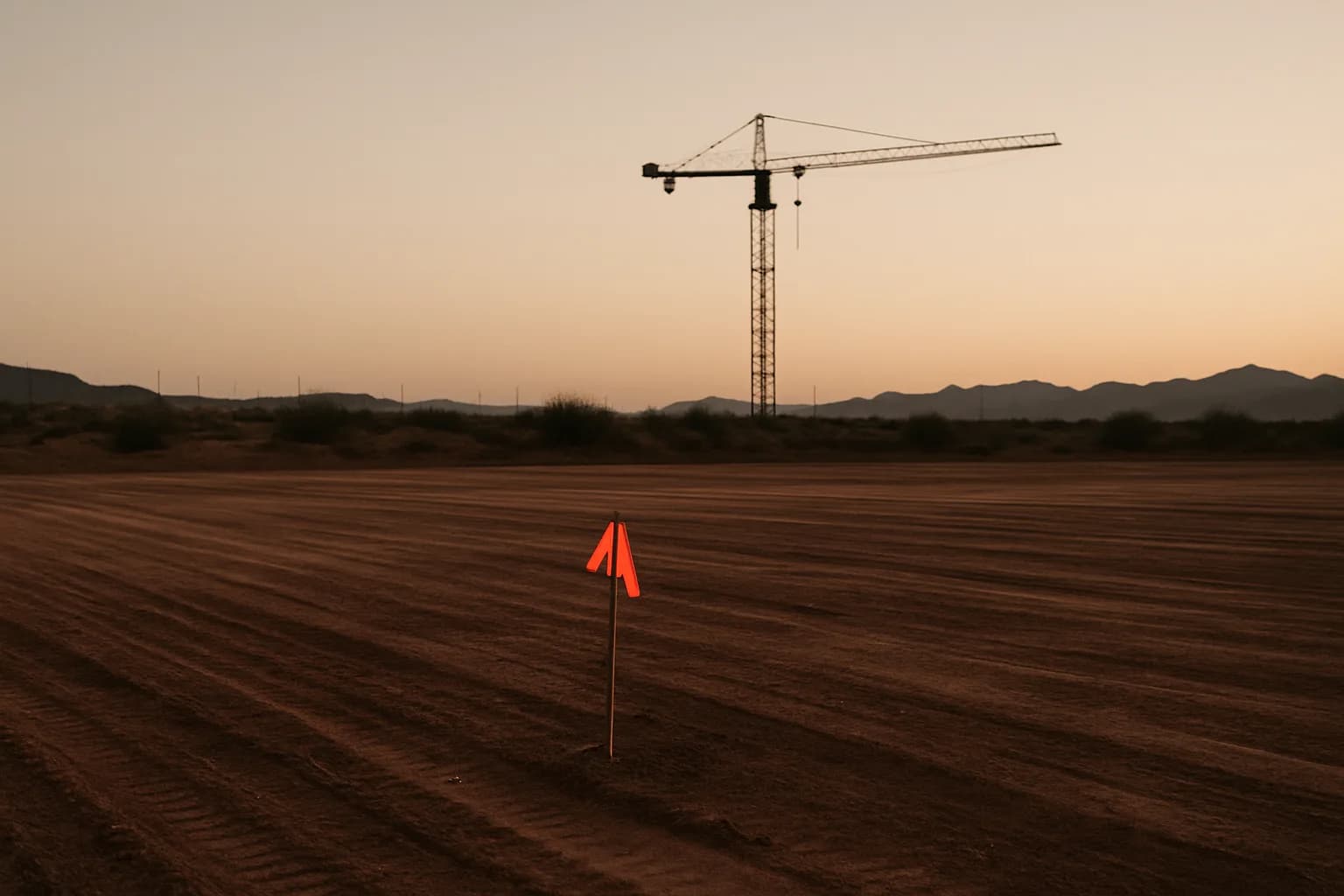 An empty construction site with a single idle crane and a survey stake against a dusk sky, conveying industrial ambition that has not yet broken ground.