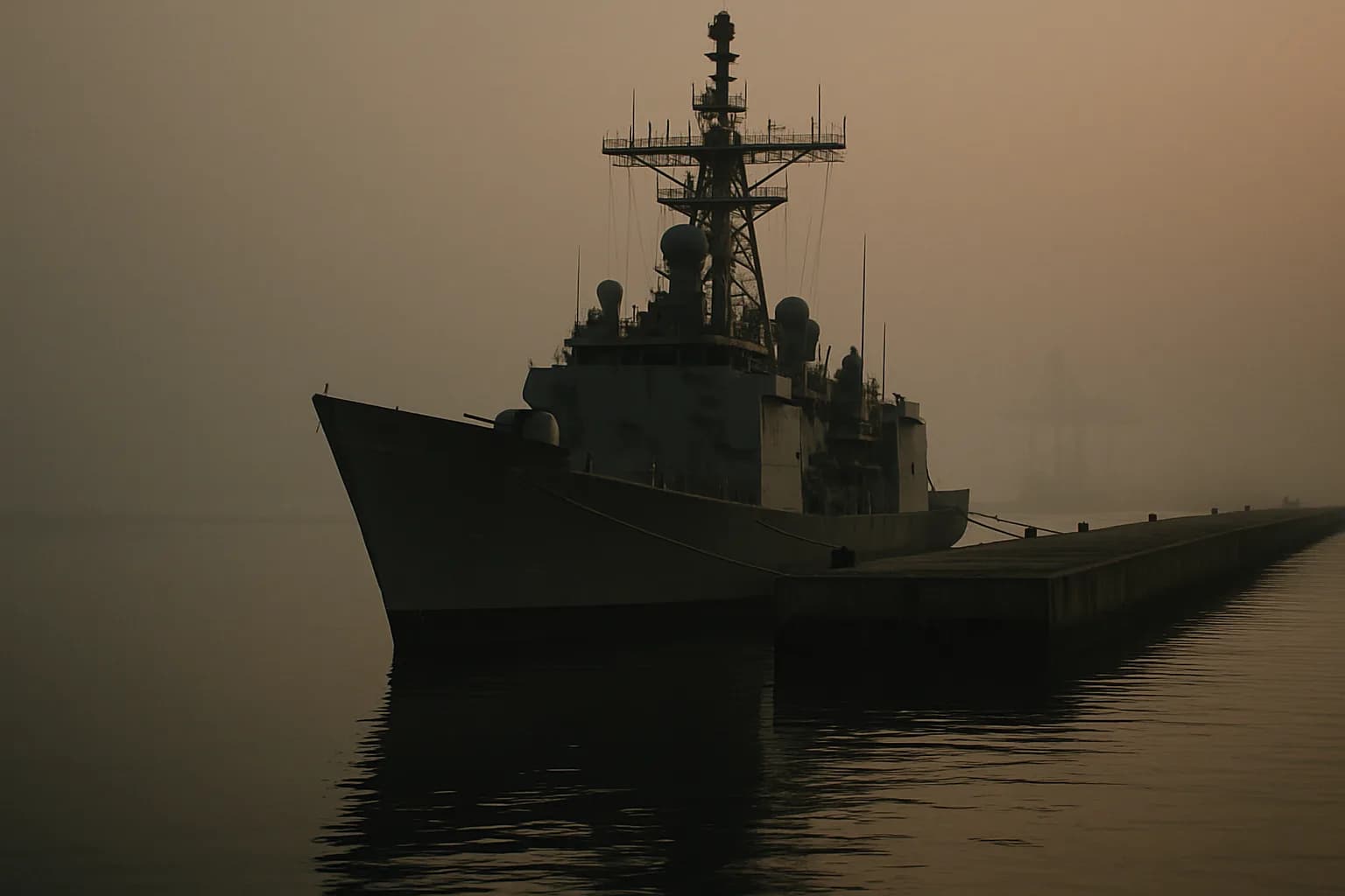 A naval frigate moored at a port pier in early morning light