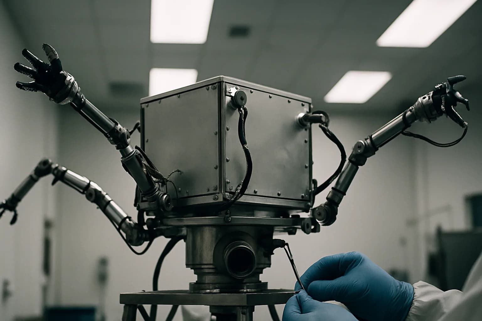Compact satellite chassis with three extended robotic arms in a NASA clean-room, technician hands in blue gloves at the lower edge of frame
