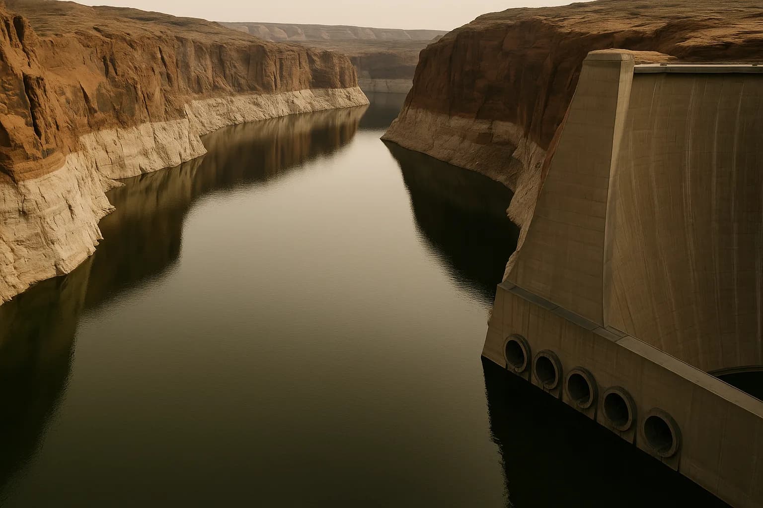 A canyon reservoir at critically low water level, its former high-water mark visible as a white mineral ring against red rock walls, with a concrete dam structure visible at the frame's edge