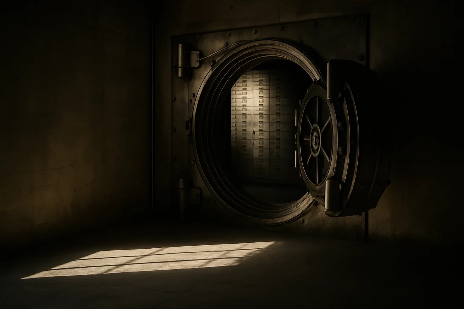 Empty bank vault interior with heavy steel door ajar and daylight entering across a bare floor