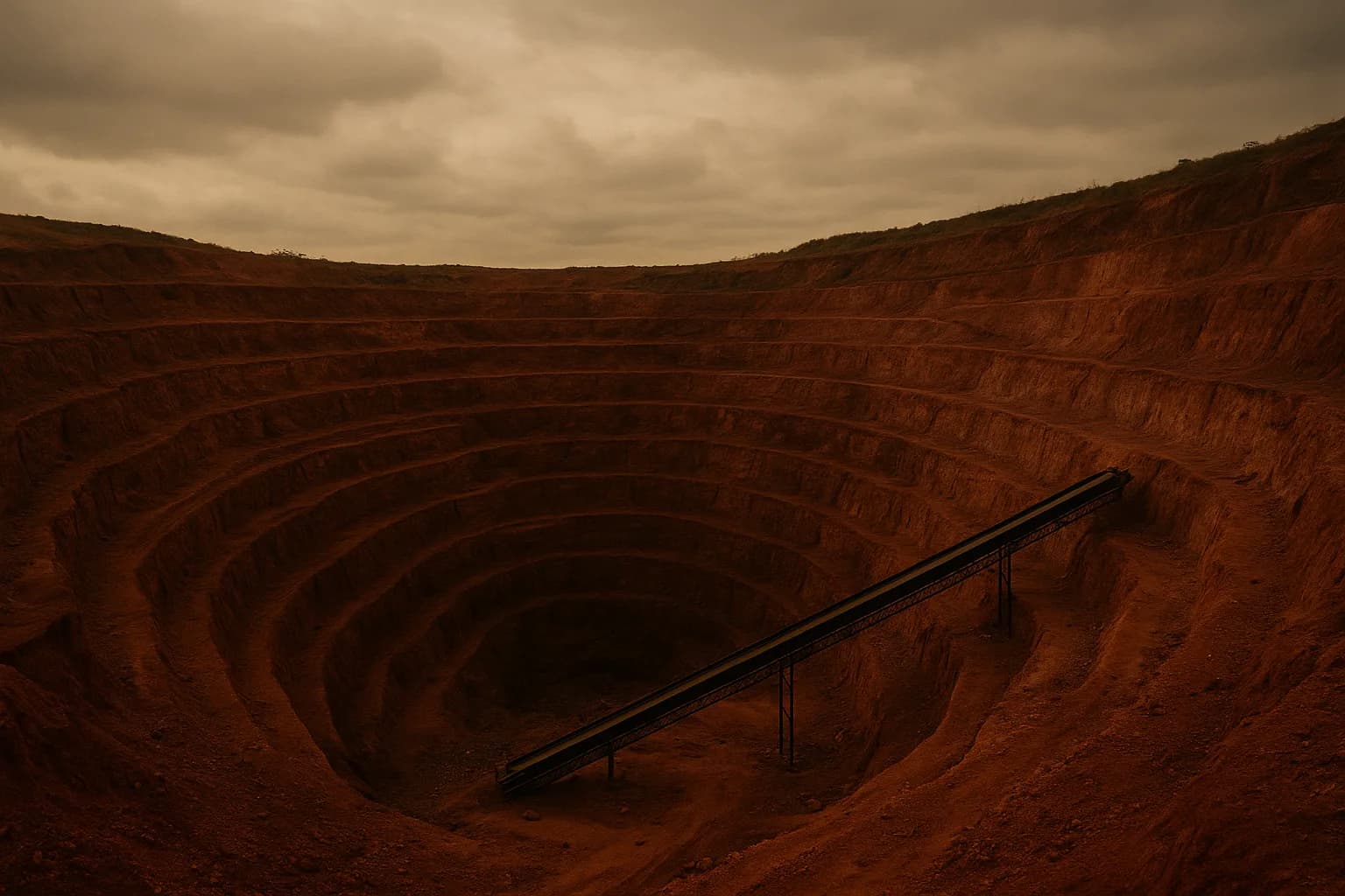 Open-pit cobalt mine with terraced red earth and idle conveyor infrastructure under an overcast sky
