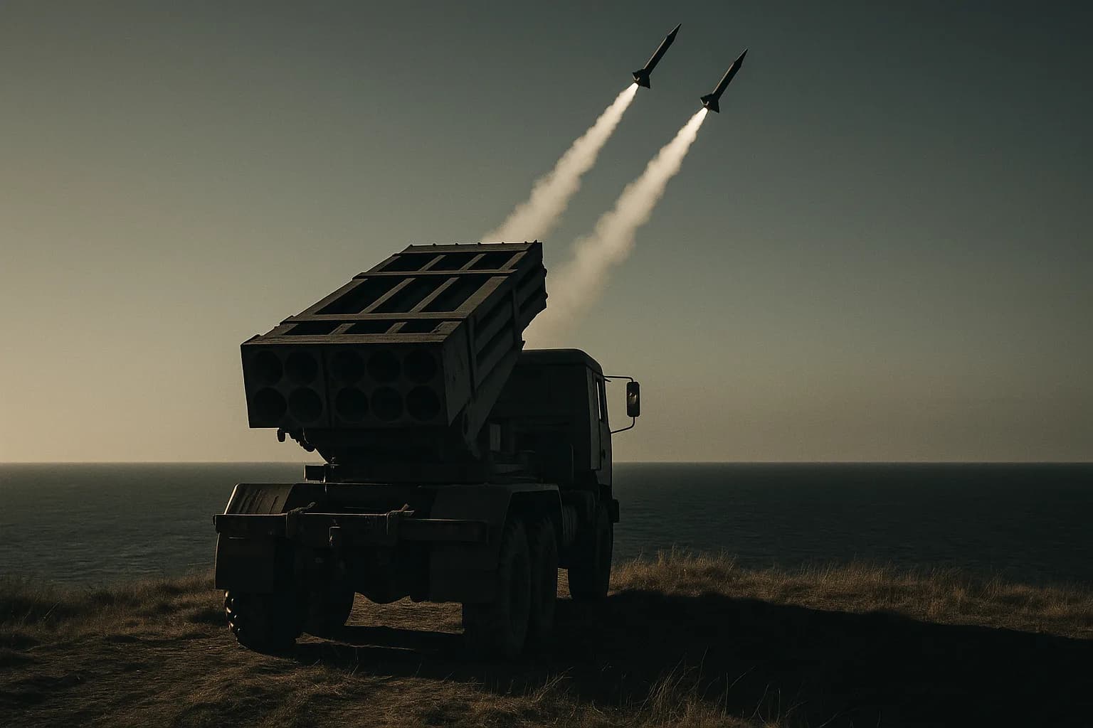A truck-mounted anti-ship missile launcher on a coastal ridgeline, smoke trails rising over open sea under a pale sky.