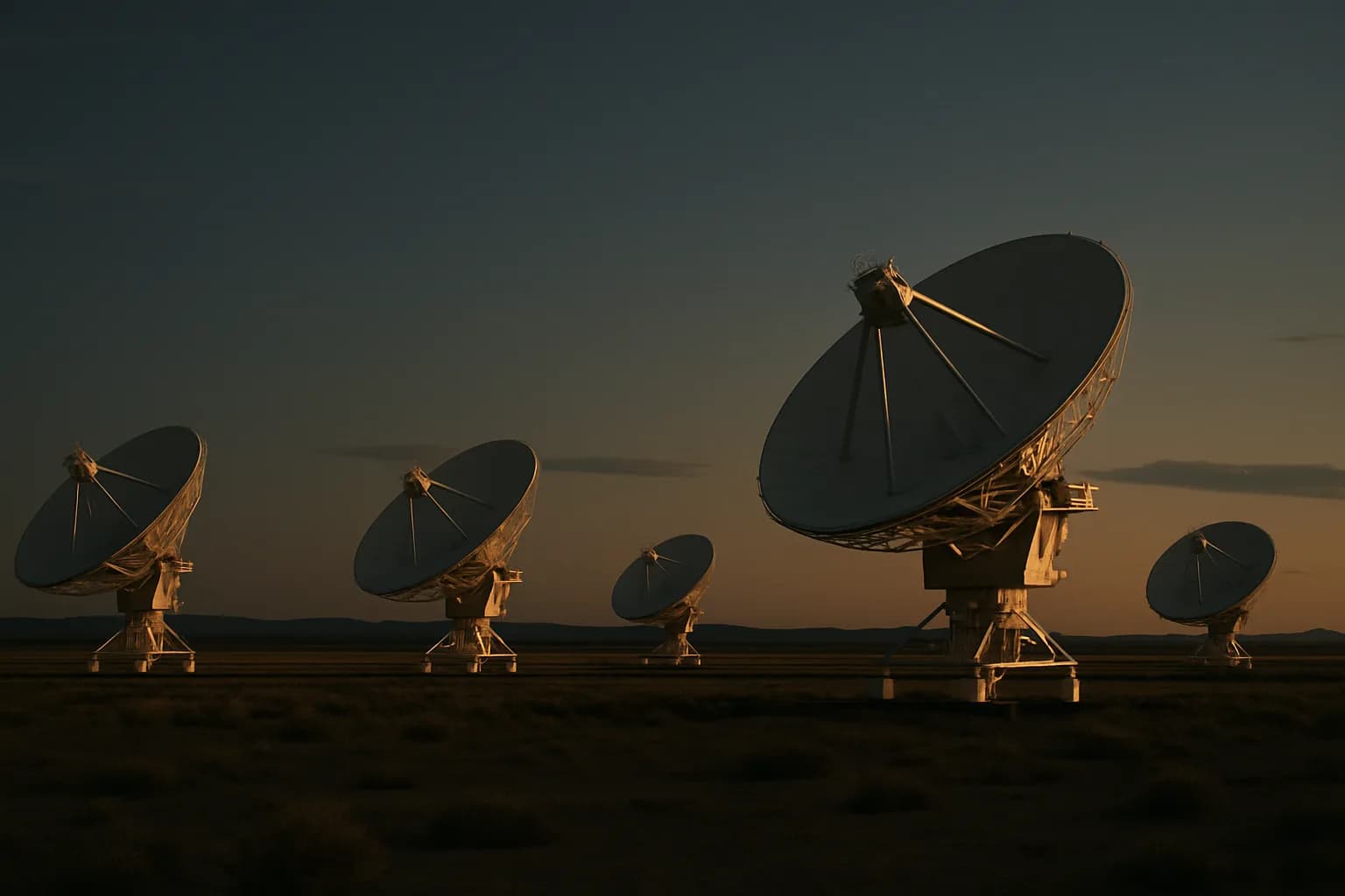 White radar tracking dishes on a desert plateau angled toward the sky at dusk