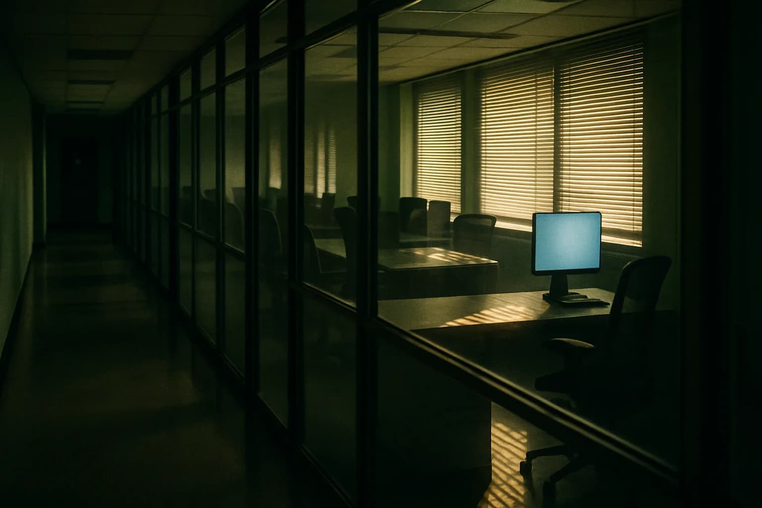 Empty government office corridor with glowing computer monitor visible through glass partition walls