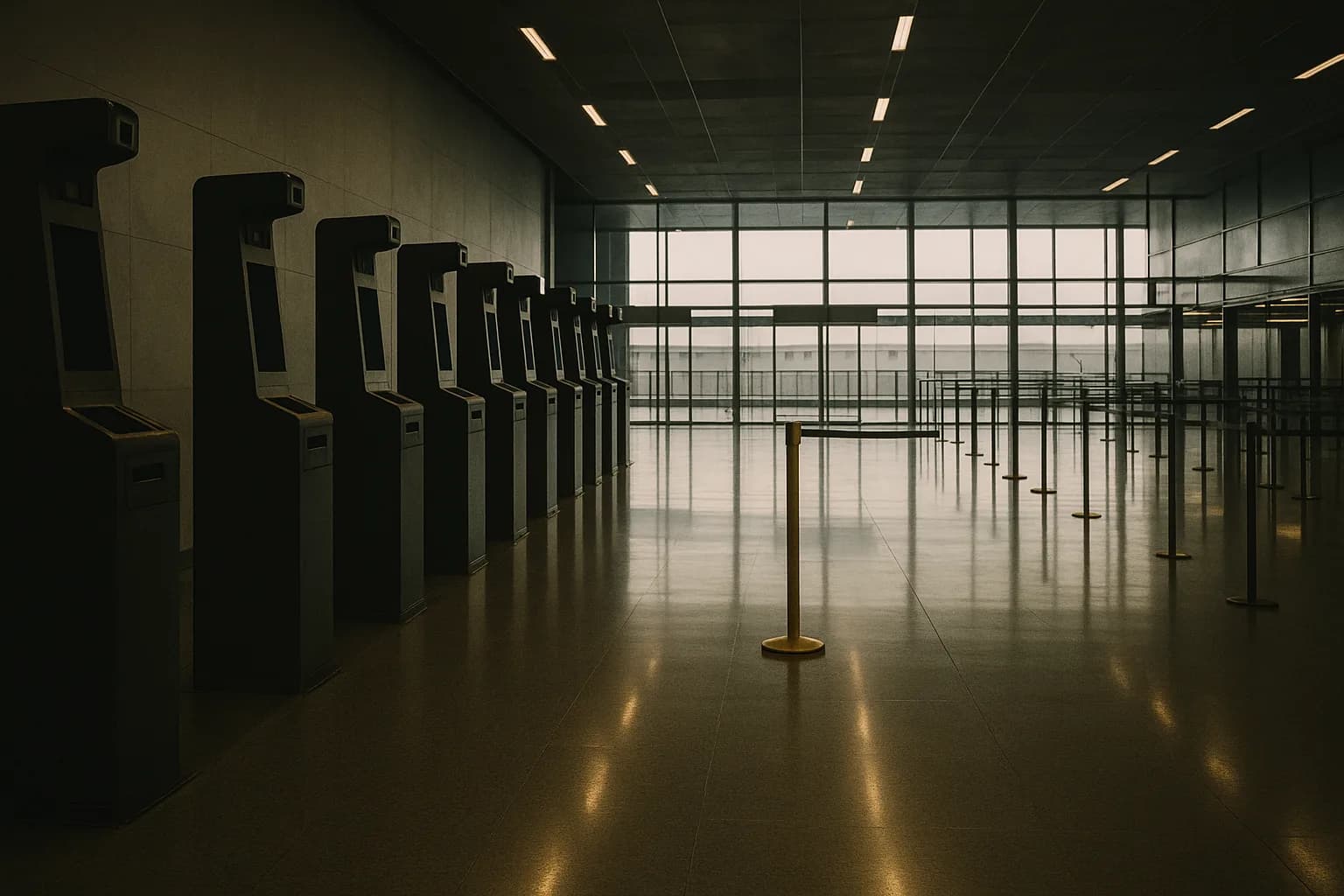 Row of dark biometric enrollment kiosks in an empty European airport border control hall at dawn, a single yellow queue post marking an unmanned lane