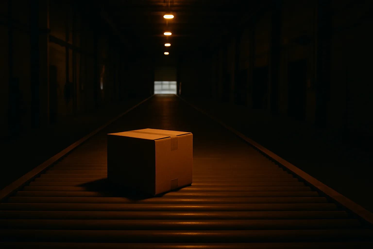 Single cardboard package on a halted conveyor belt inside an empty warehouse, amber overhead lights and a sliver of daylight at the far dock door