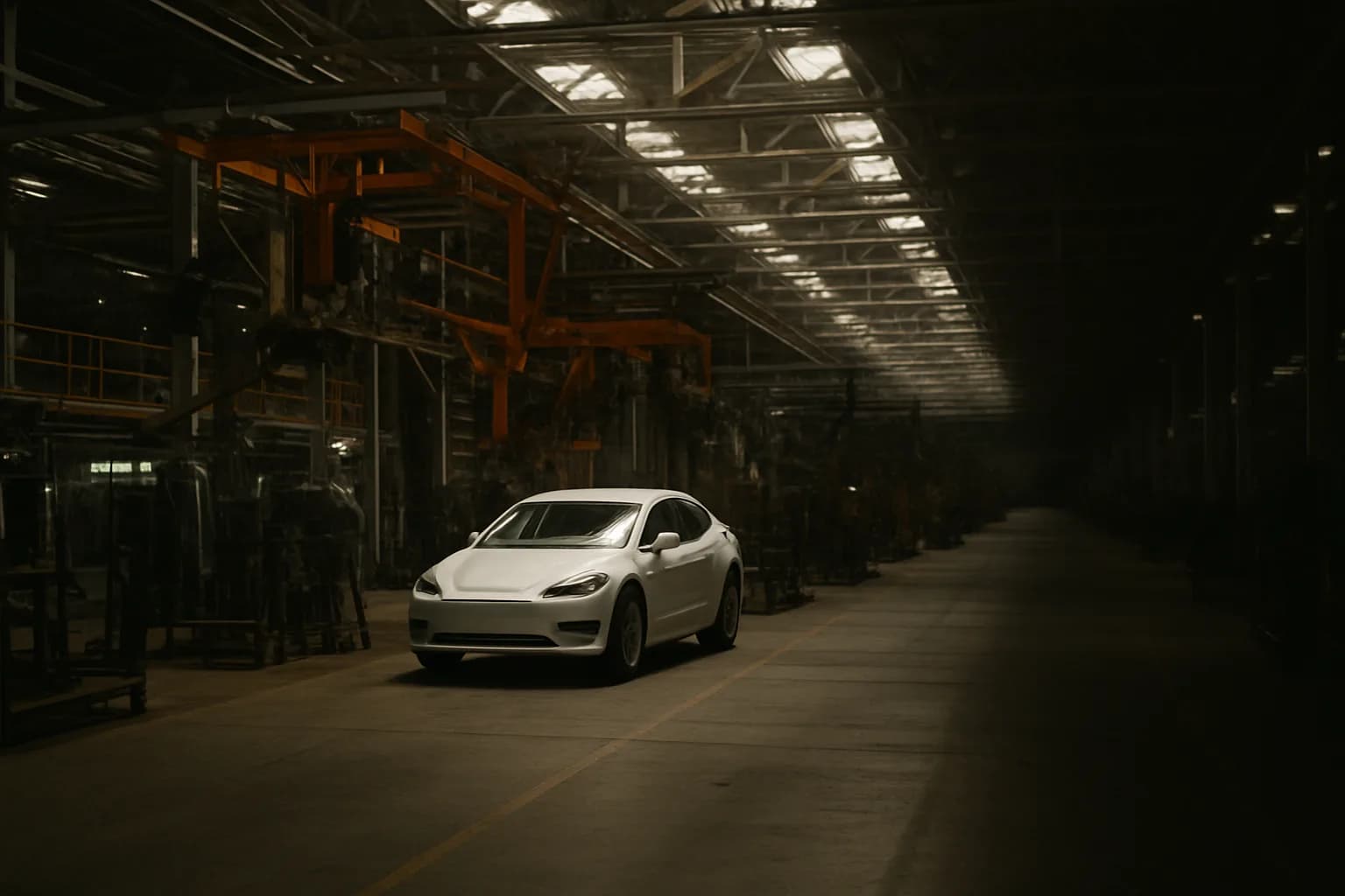 A single white electric sedan sits on an otherwise empty assembly line inside a large manufacturing plant, unused tooling stations extending into the background.