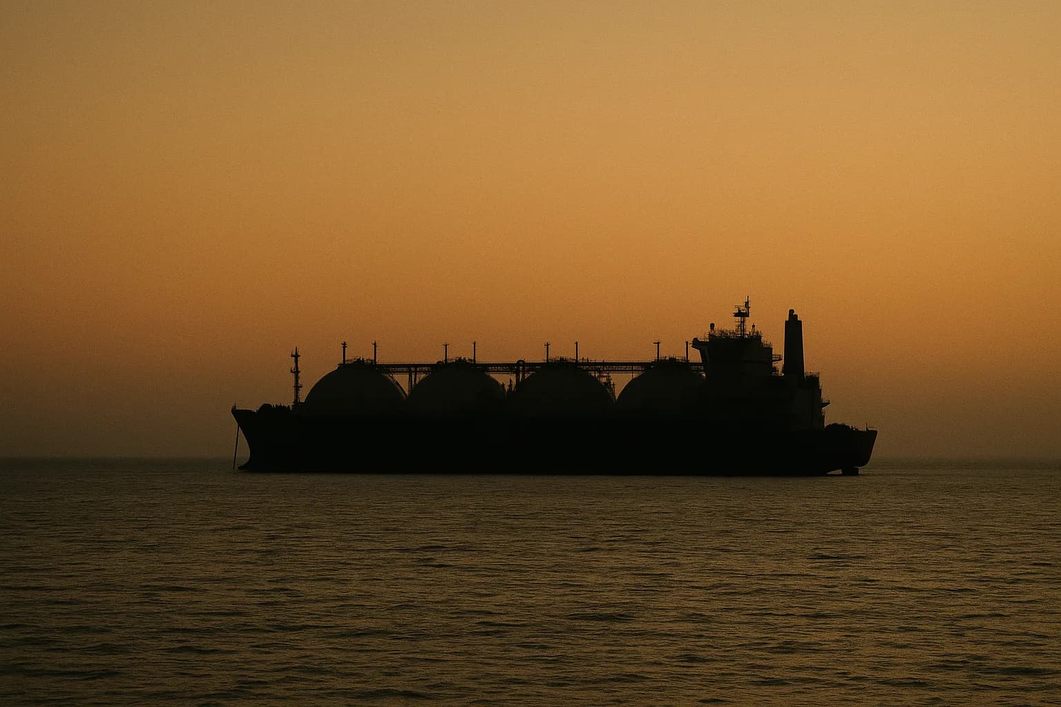 An LNG tanker sits anchored alone in open water at dusk, isolated against a faint horizon with no port or coastline visible.