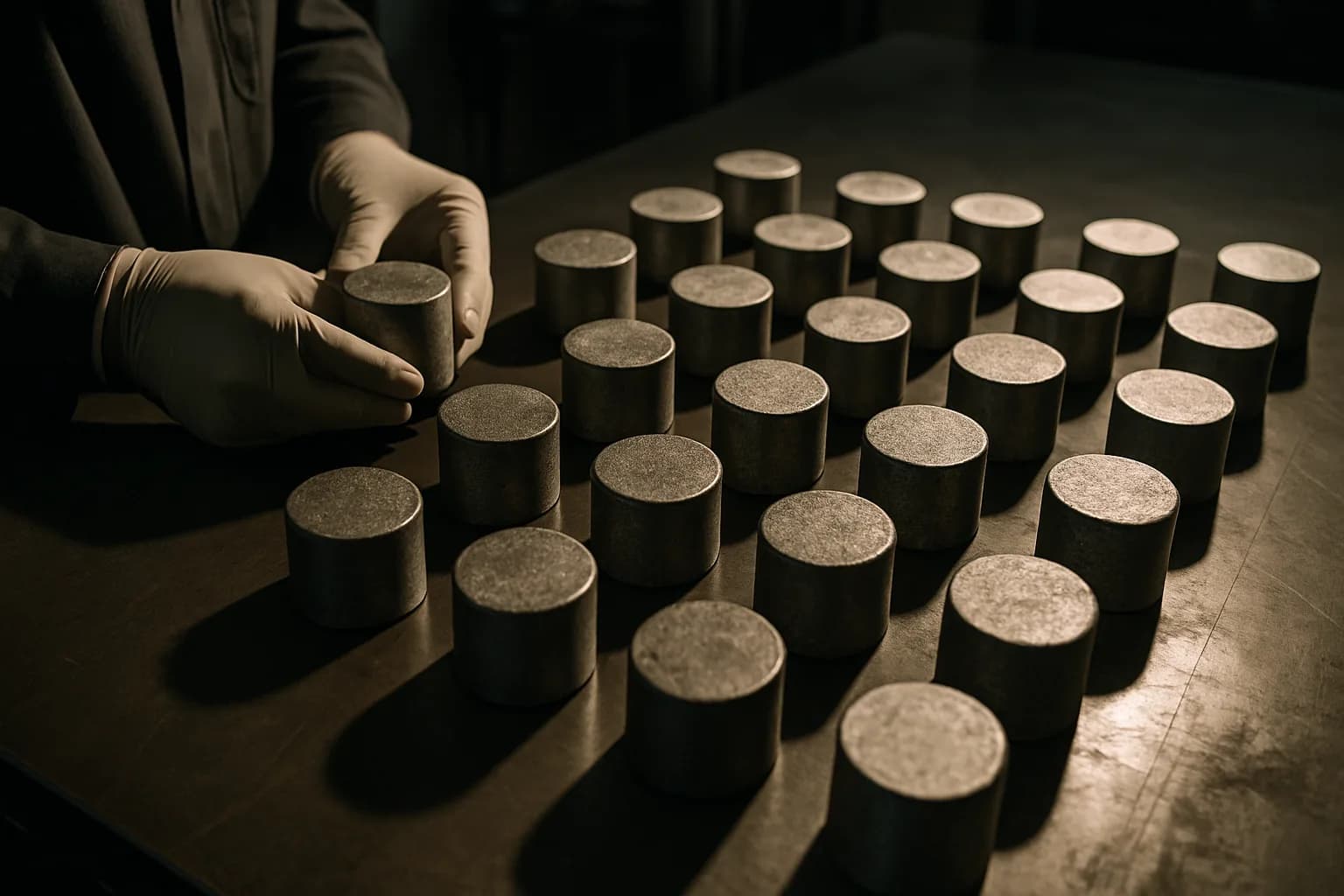 Cylindrical germanium ingots on a workbench in a materials processing laboratory, a gloved technician inspecting one sample