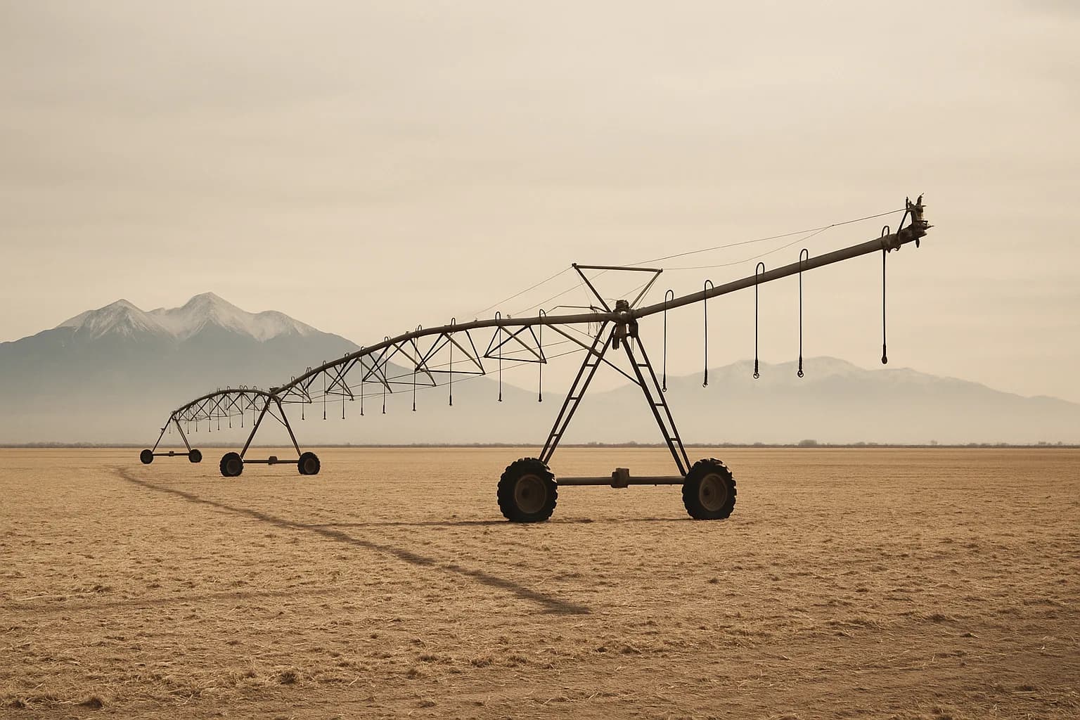 An idle center-pivot irrigation system on a harvested field in Colorado's San Luis Valley, with the Sangre de Cristo Mountains in the background under overcast skies.