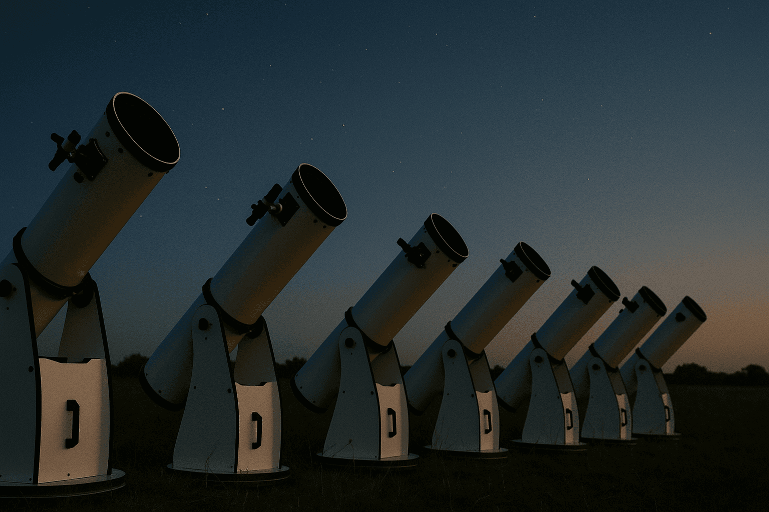A row of commercial telescopes pointed at the night sky at dusk