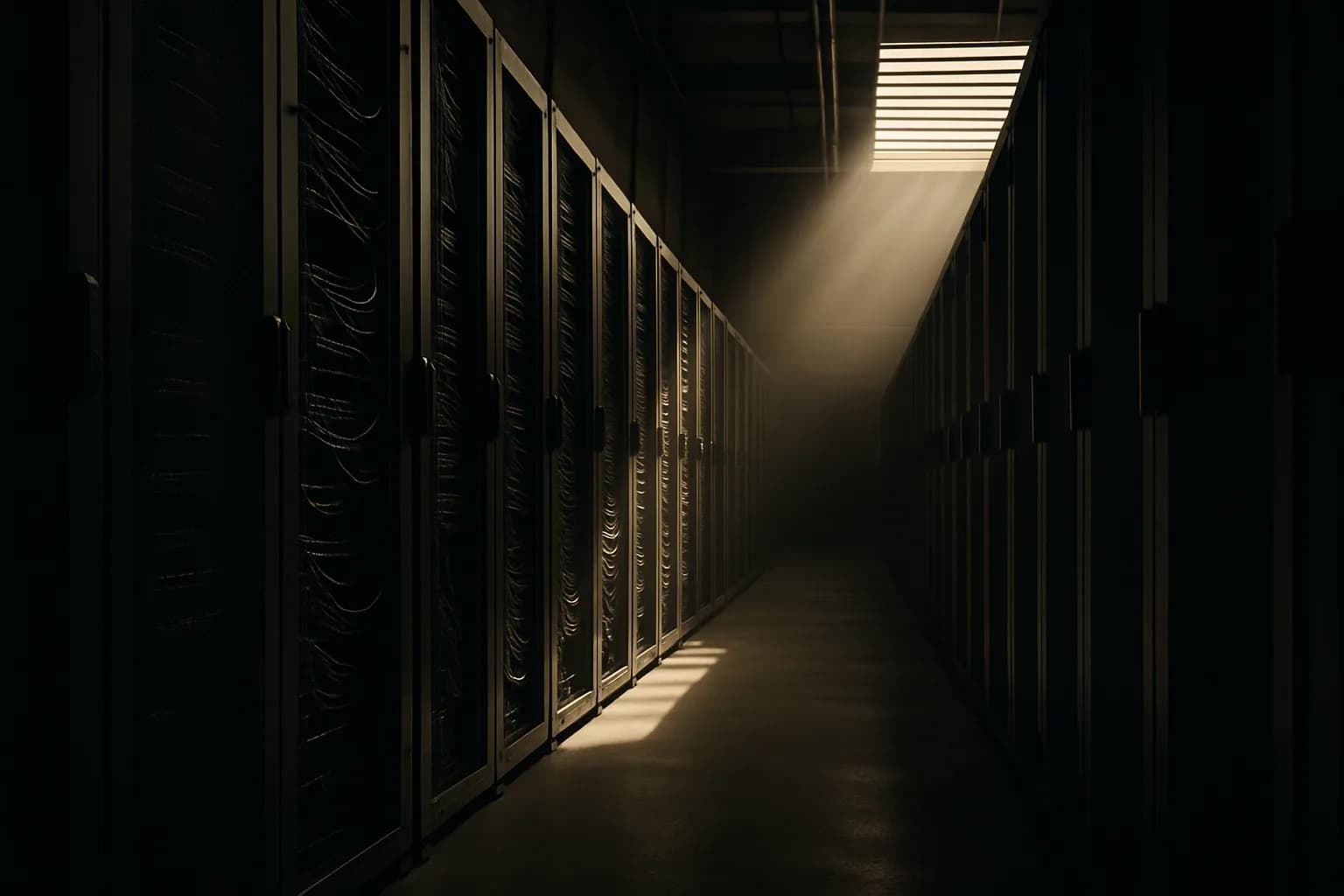 Server racks in a data center corridor lit by a single diagonal shaft of industrial daylight