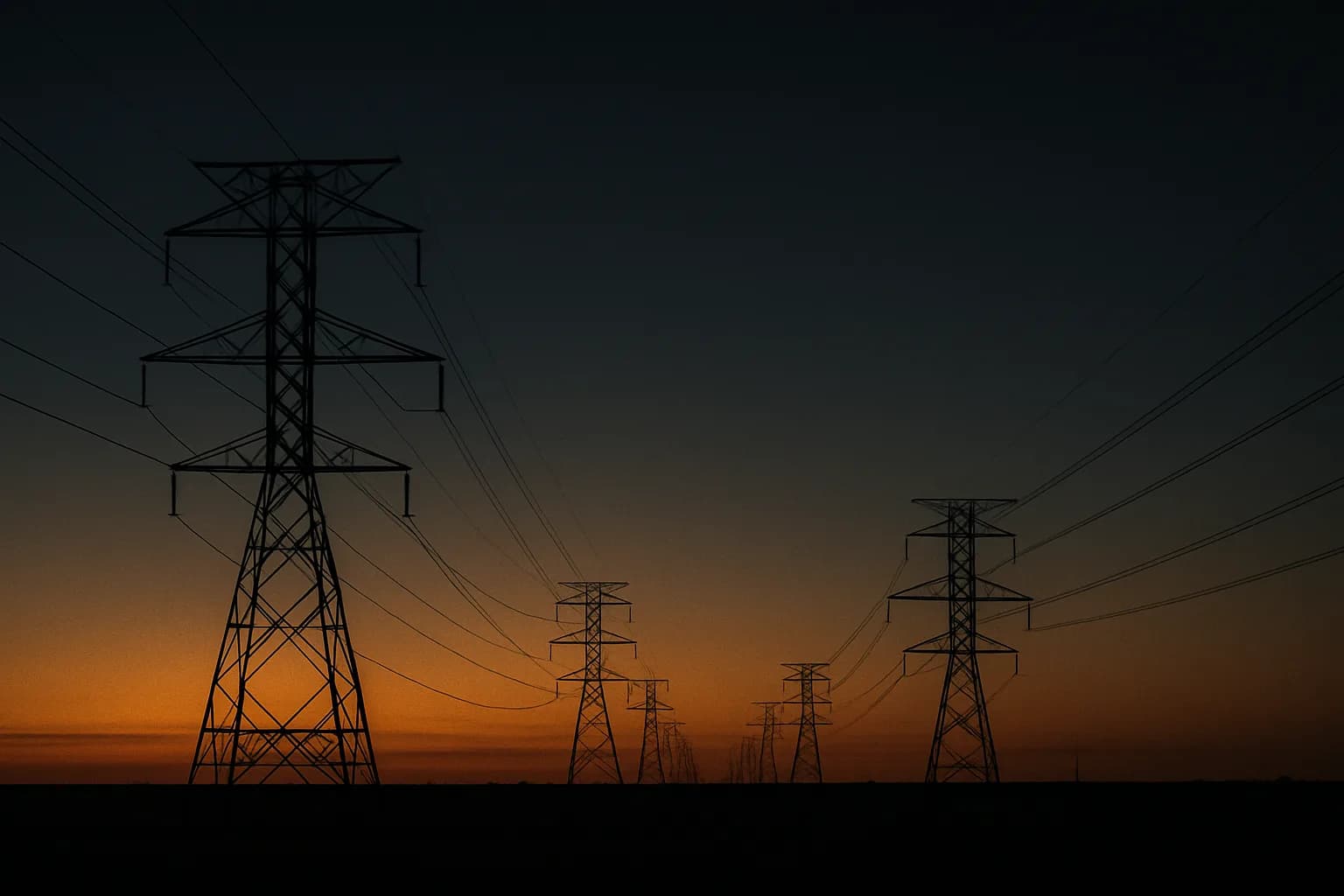 High-voltage transmission towers receding into a dusky horizon across flat farmland