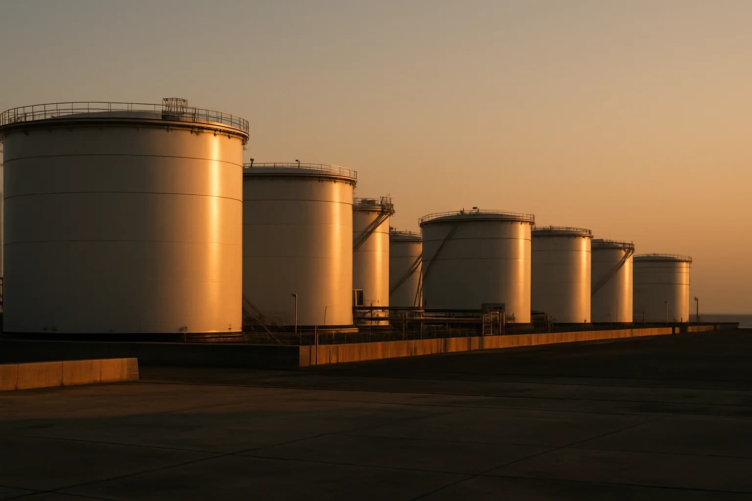 Large crude oil storage tanks at Fujairah port at dusk, the Gulf of Oman visible beyond the breakwater under an amber sky.