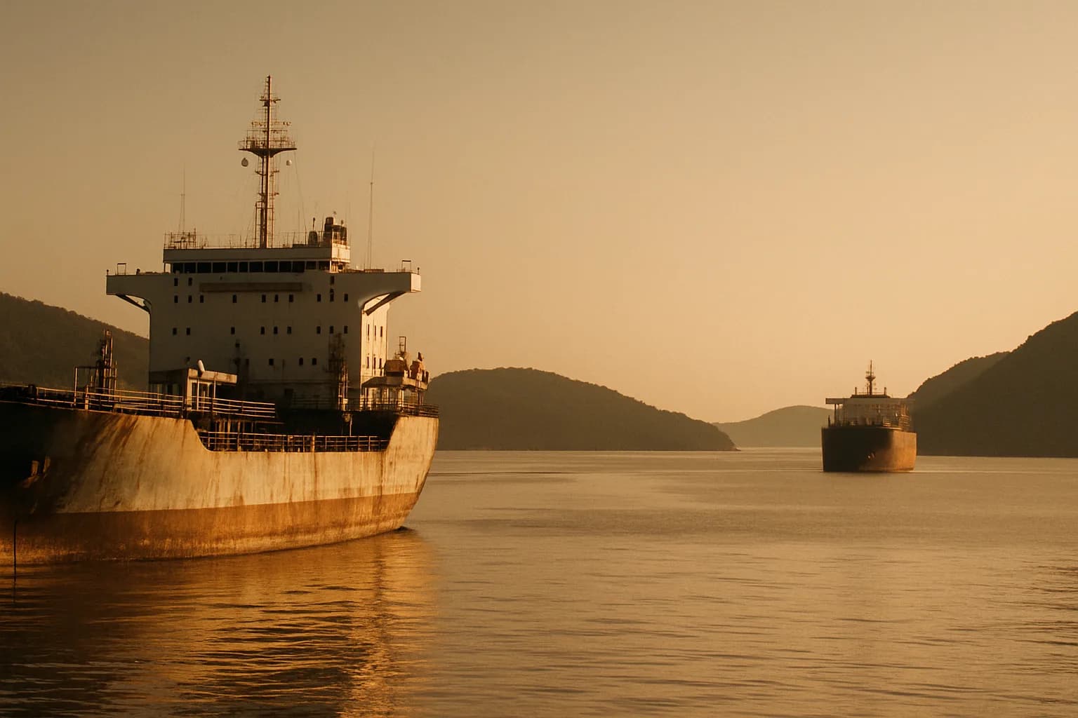 Two oil tankers anchored in still water near a strait entrance, harsh afternoon light, no movement visible.