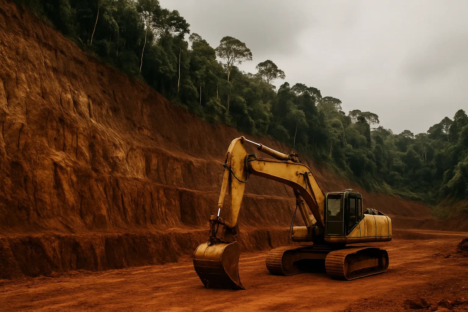 Idle excavator on a red-brown laterite ore bench in a tropical open-pit nickel mine, dense rainforest on surrounding ridges under a flat overcast sky