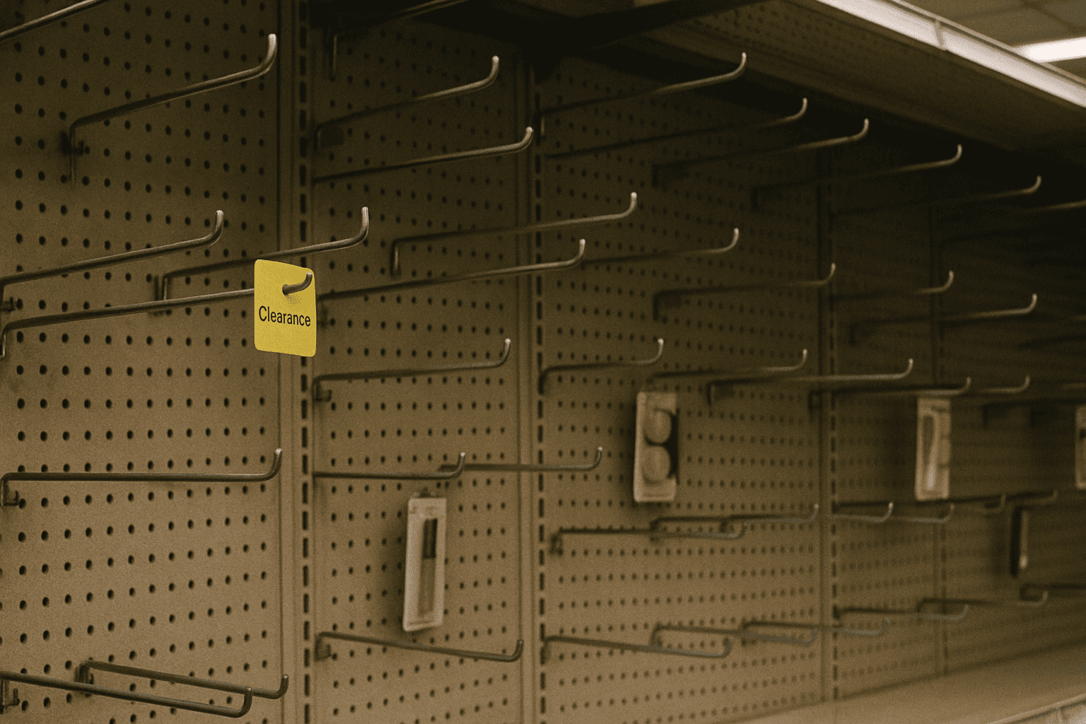 Bare wire product pegs in a drugstore cosmetics aisle with a single yellow clearance sticker